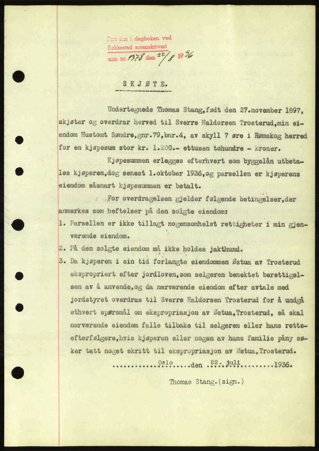 Rakkestad sorenskriveri, SAO/A-10686/G/Gb/Gba/Gbab/L0001: Pantebok nr. A1, 1936-1937, Dagboknr: 1378/1936