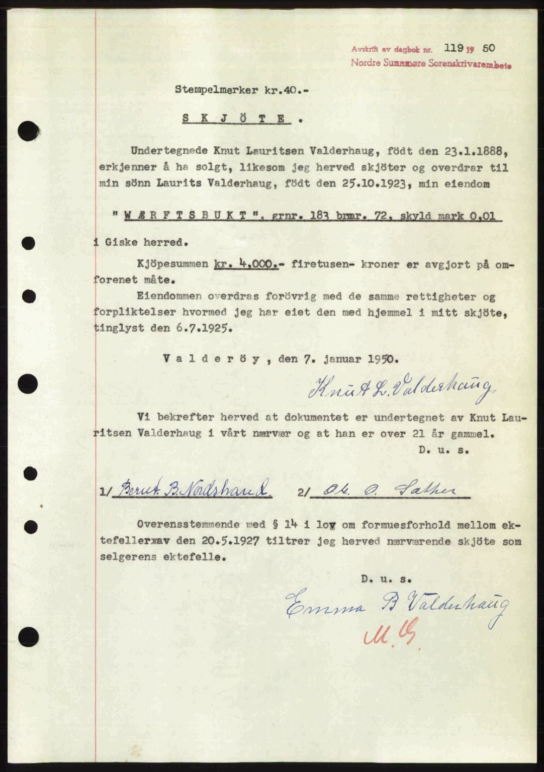 Nordre Sunnmøre sorenskriveri, SAT/A-0006/1/2/2C/2Ca: Pantebok nr. A33, 1949-1950, Dagboknr: 119/1950