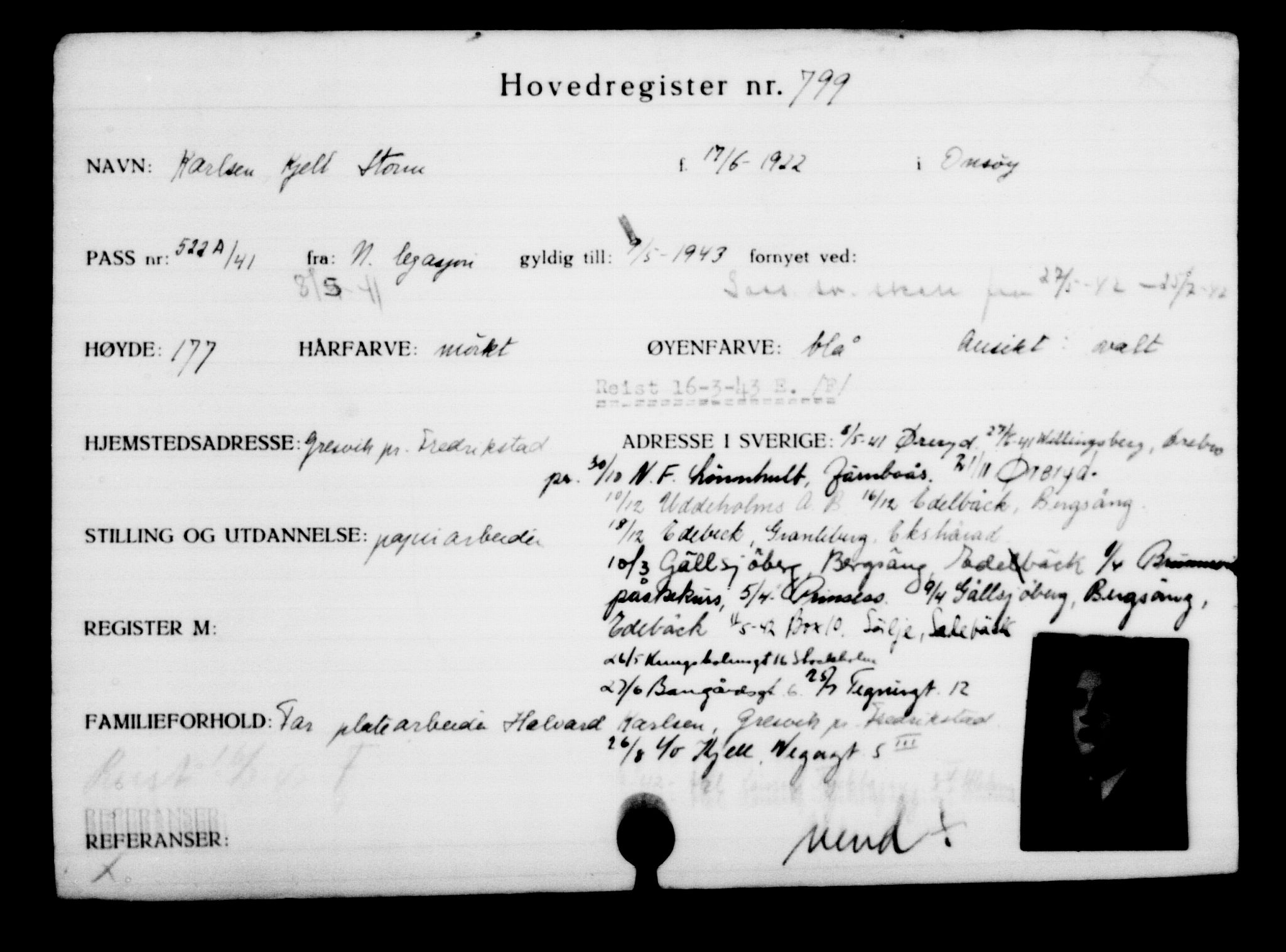 Utenriksstasjonene, Legasjonen i Stockholm, Flyktningkontoret, AV/RA-S-6753/V/Va/L0001: Kjesäterkartoteket, flyktninger med registreringsnr. 1-1000, 1940-1945, s. 1266