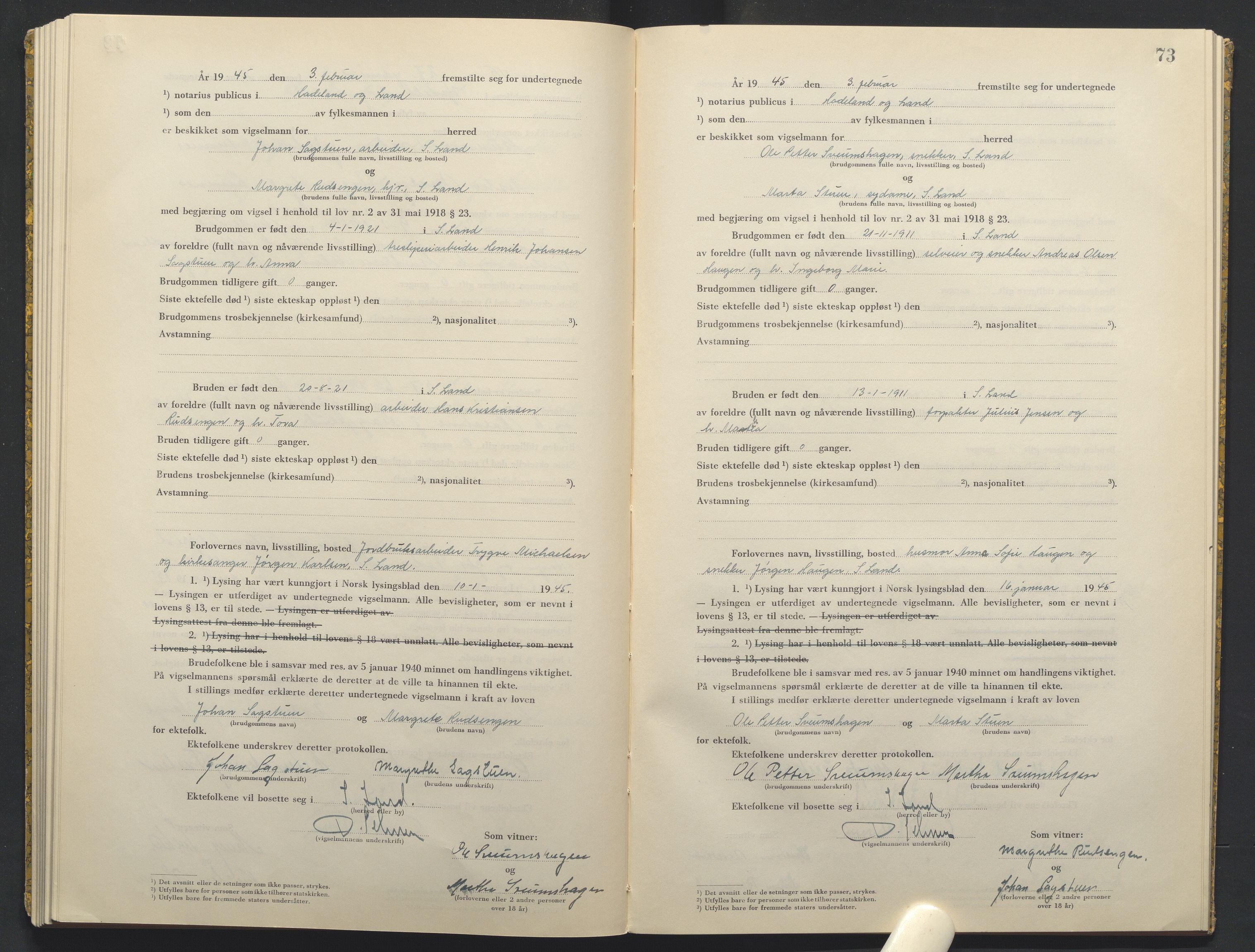 Hadeland og Land tingrett, AV/SAH-TING-010/L/Lb/L0003: Vigselbok, 1944-1946, s. 73