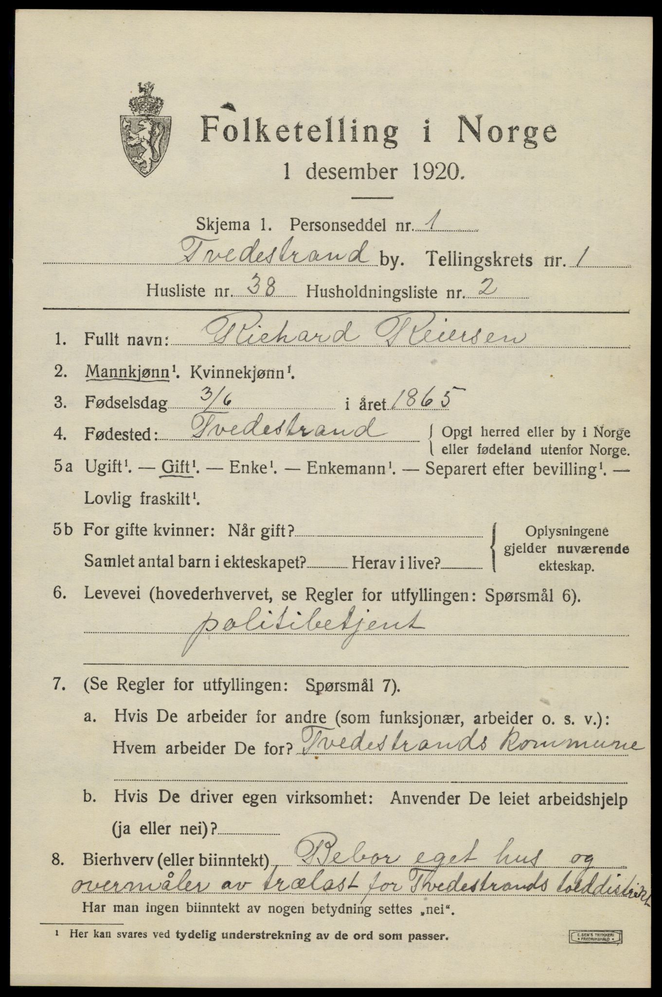 SAK, Folketelling 1920 for 0902 Tvedestrand ladested, 1920, s. 1713