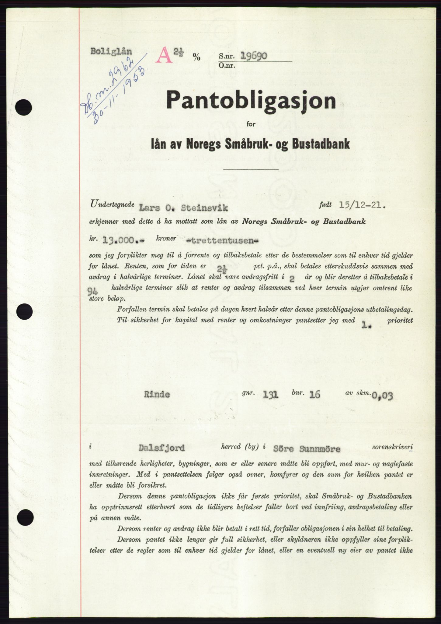 Søre Sunnmøre sorenskriveri, SAT/A-4122/1/2/2C/L0124: Pantebok nr. 12B, 1953-1954, Dagboknr: 2962/1953
