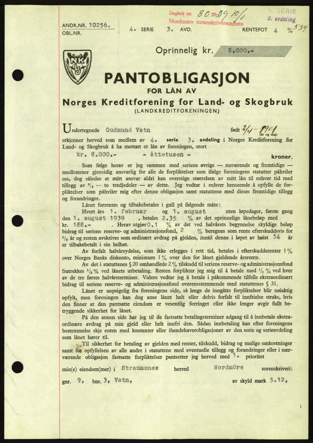 Nordmøre sorenskriveri, AV/SAT-A-4132/1/2/2Ca: Pantebok nr. B84, 1938-1939, Dagboknr: 80/1939