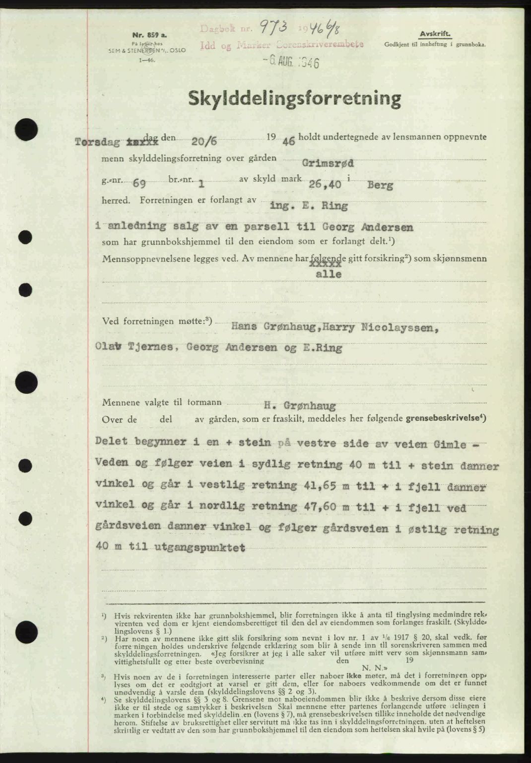 Idd og Marker sorenskriveri, SAO/A-10283/G/Gb/Gbb/L0008: Pantebok nr. A8, 1946-1946, Dagboknr: 973/1946