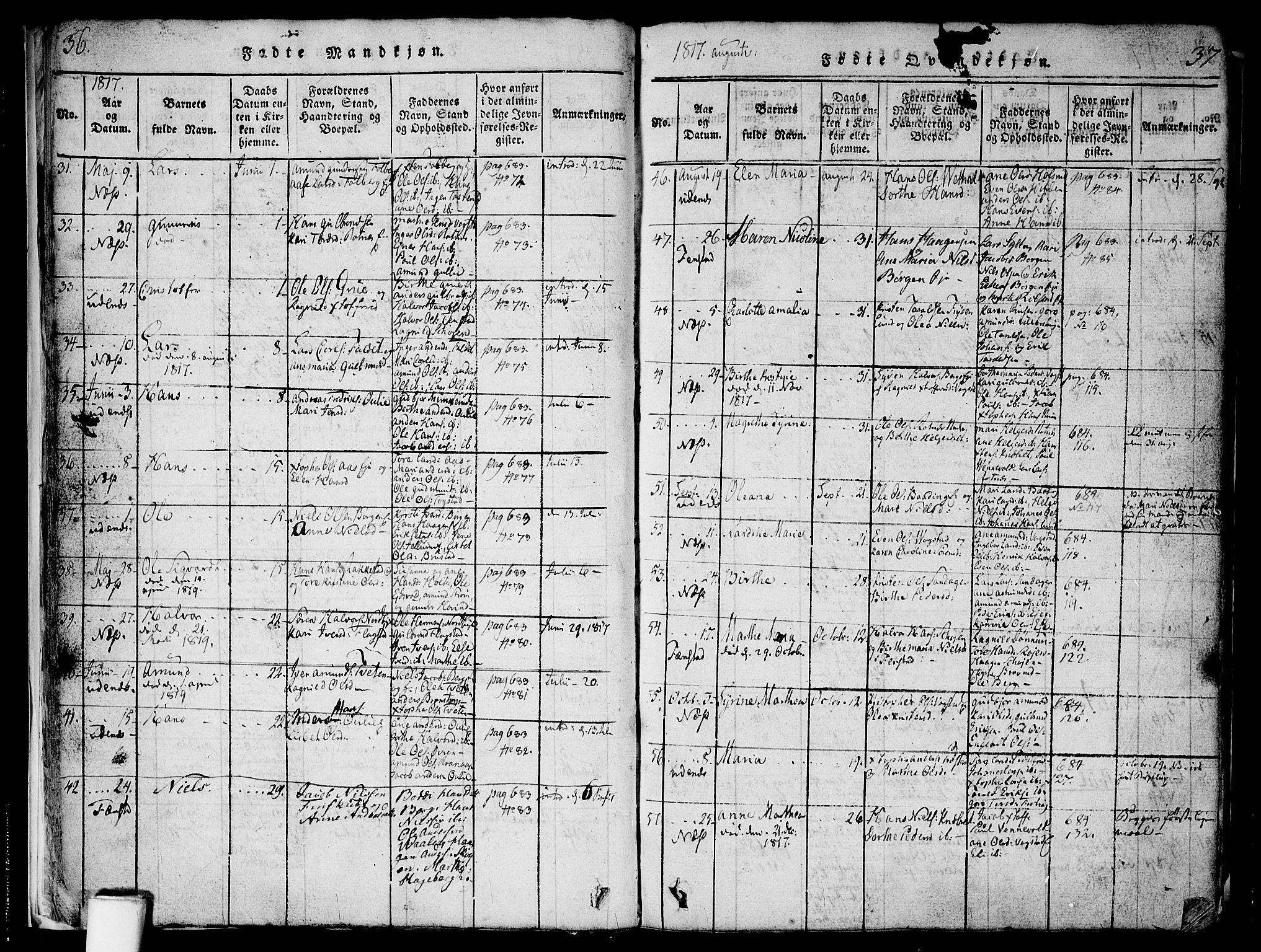 Nes prestekontor Kirkebøker, AV/SAO-A-10410/F/Fa/L0005: Ministerialbok nr. I 5, 1815-1835, s. 36-37