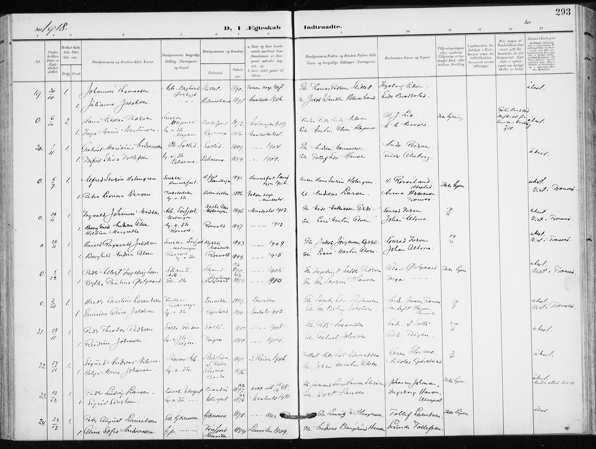 Målselv sokneprestembete, AV/SATØ-S-1311/G/Ga/Gaa/L0011kirke: Ministerialbok nr. 11, 1904-1918, s. 293