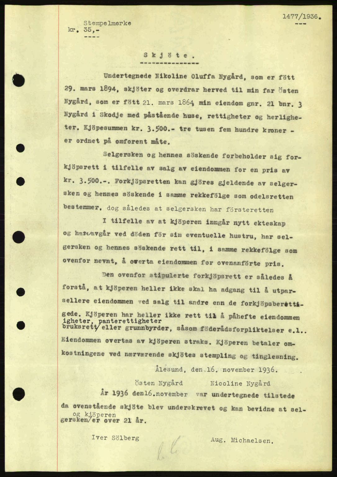 Nordre Sunnmøre sorenskriveri, SAT/A-0006/1/2/2C/2Ca: Pantebok nr. A2, 1936-1937, Dagboknr: 1477/1936