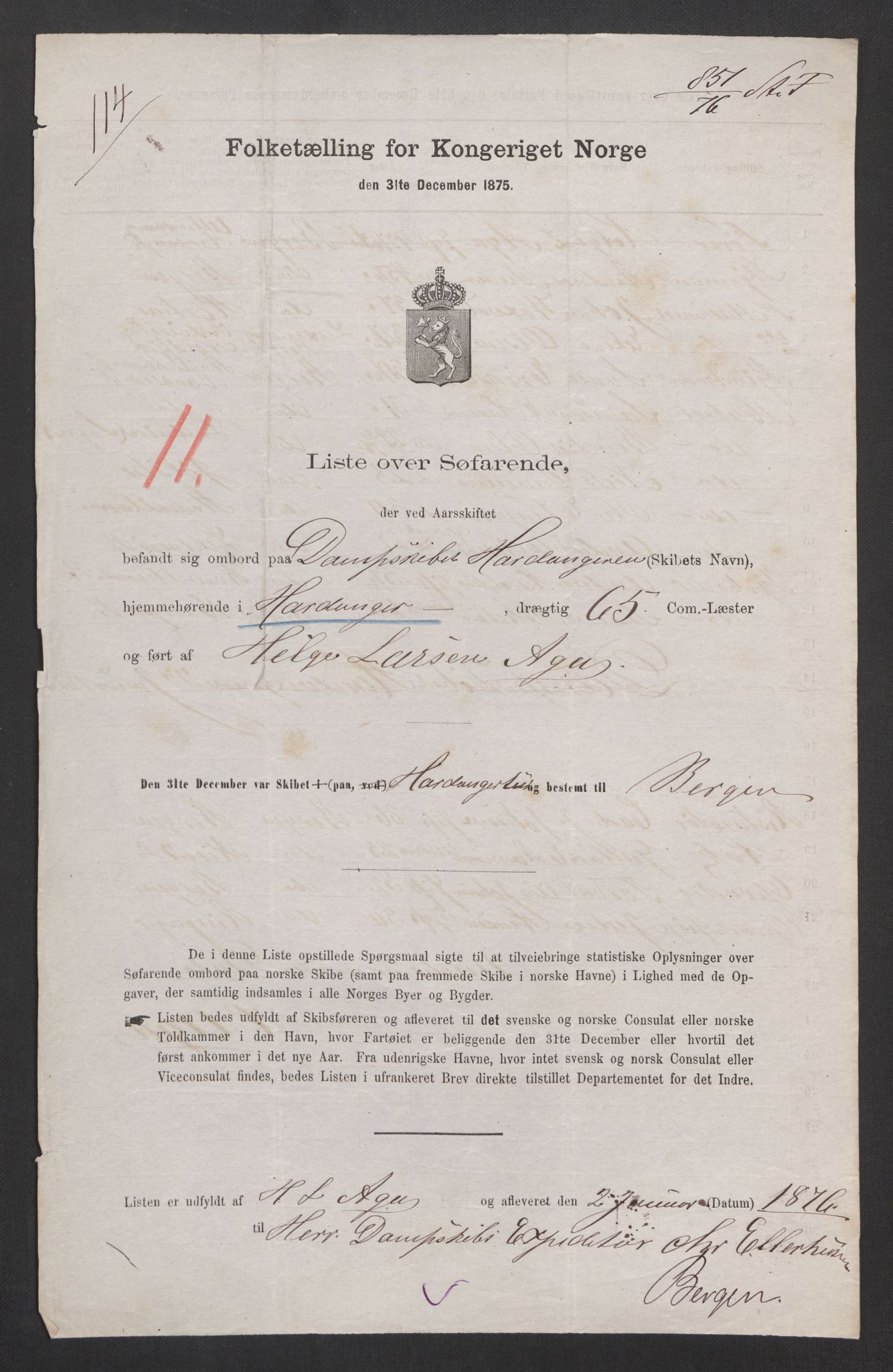 RA, Folketelling 1875, skipslister: Skip i innenrikske havner, hjemmehørende i 1) landdistrikter, 2) forskjellige steder, 3) utlandet, 1875, s. 288