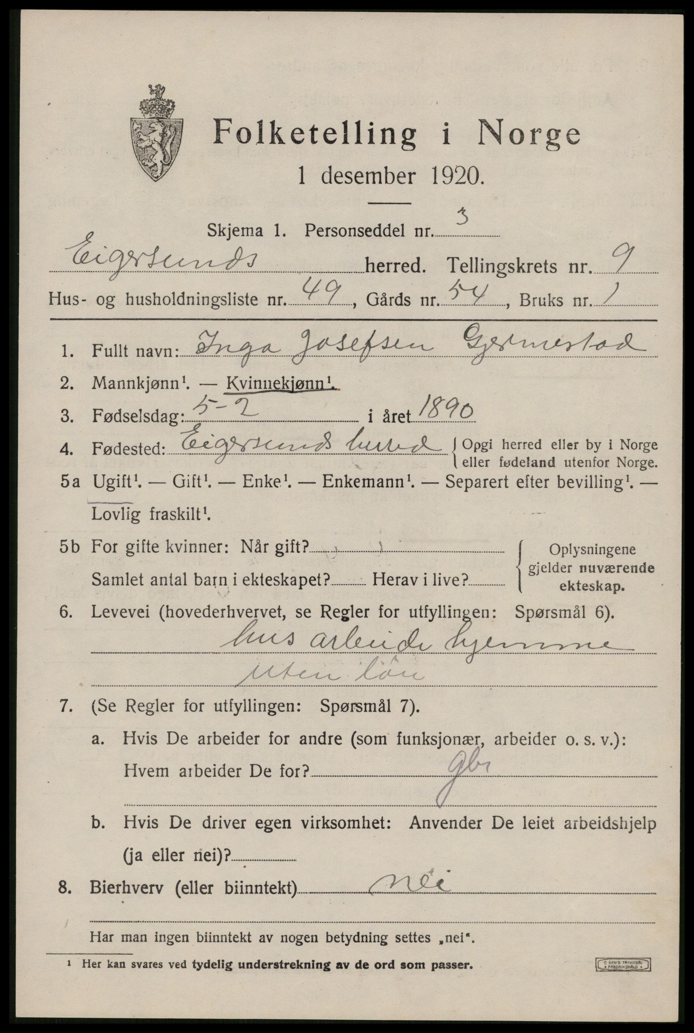 SAST, Folketelling 1920 for 1116 Eigersund herred, 1920, s. 6309