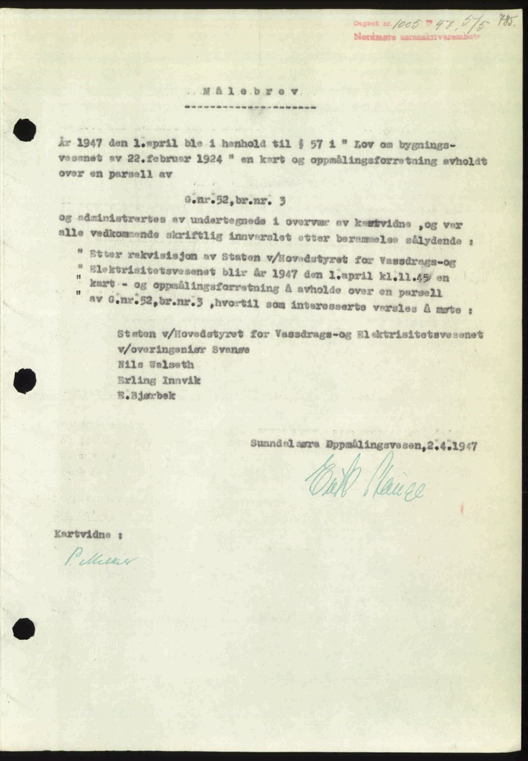 Nordmøre sorenskriveri, SAT/A-4132/1/2/2Ca: Pantebok nr. A104, 1947-1947, Dagboknr: 1005/1947