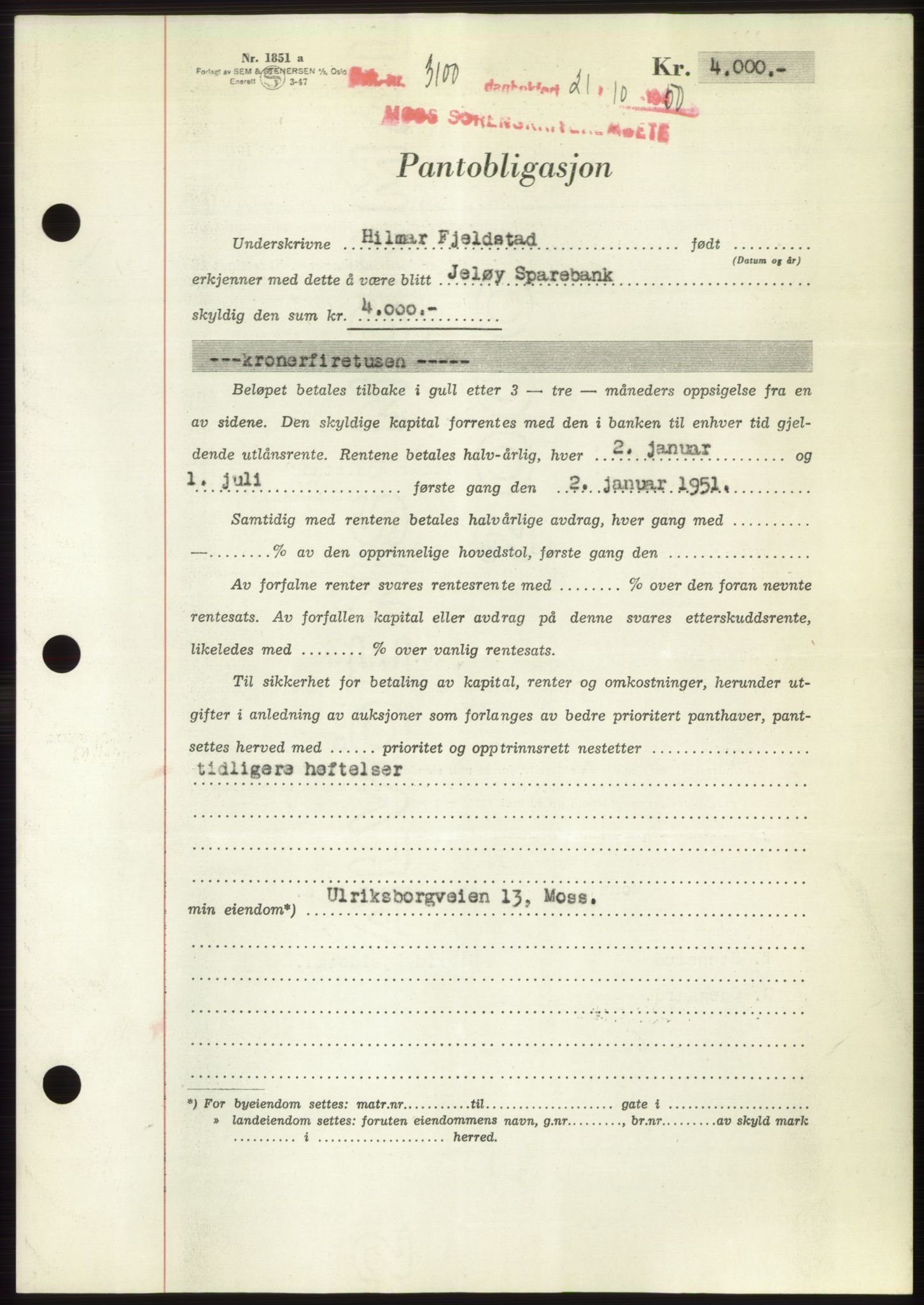 Moss sorenskriveri, SAO/A-10168: Pantebok nr. B25, 1950-1950, Dagboknr: 3100/1950