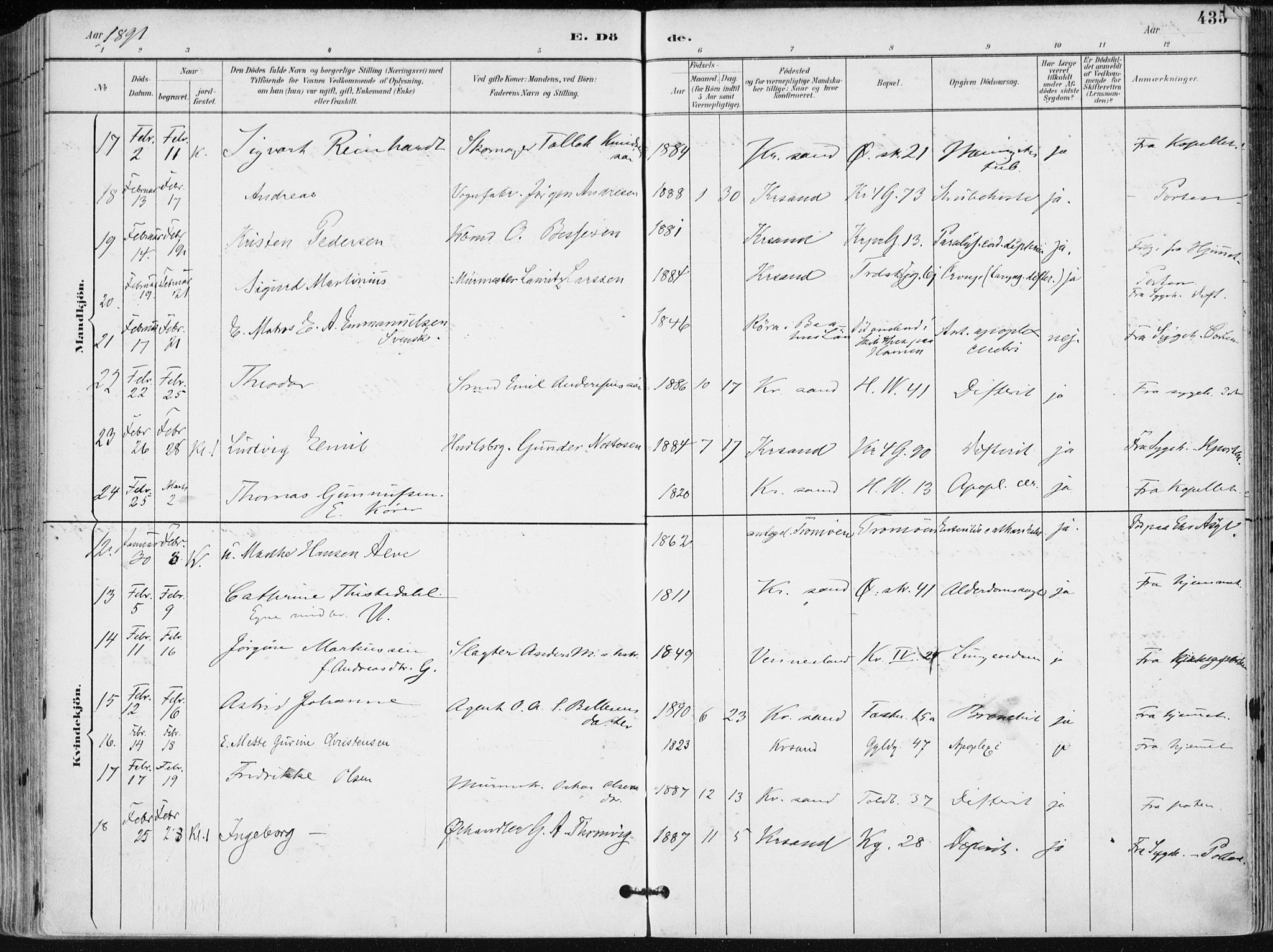 Kristiansand domprosti, AV/SAK-1112-0006/F/Fa/L0019: Ministerialbok nr. A 18, 1890-1897, s. 435