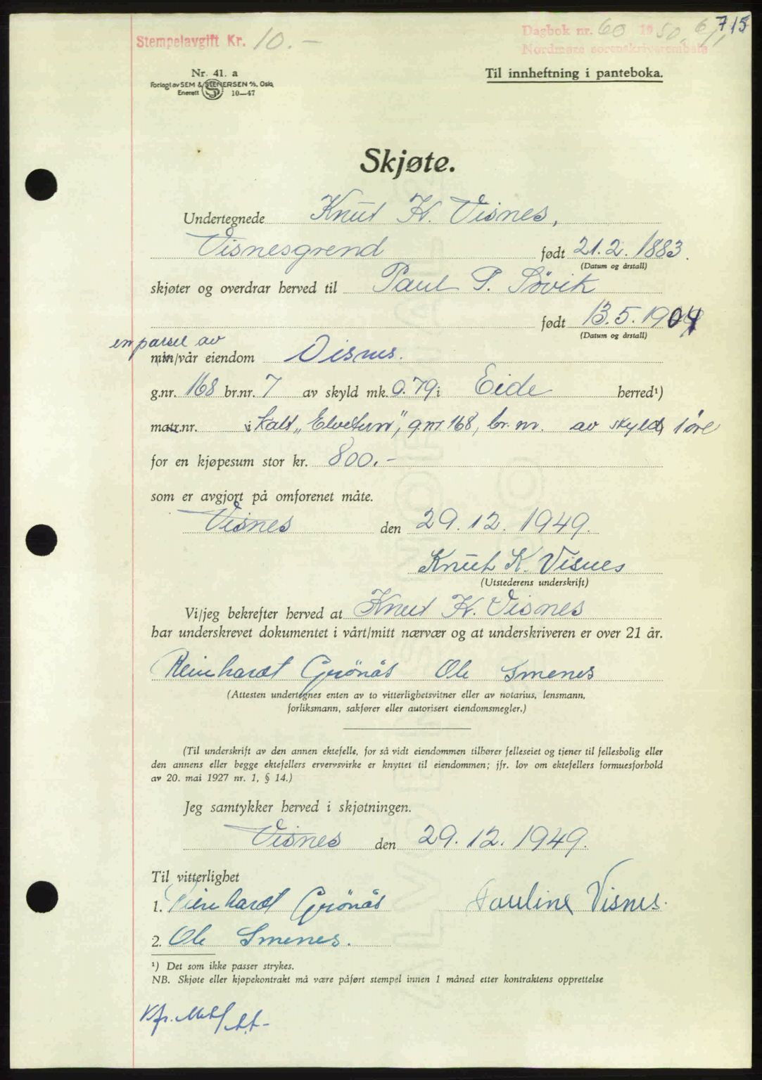 Nordmøre sorenskriveri, AV/SAT-A-4132/1/2/2Ca: Pantebok nr. A113, 1949-1950, Dagboknr: 60/1950