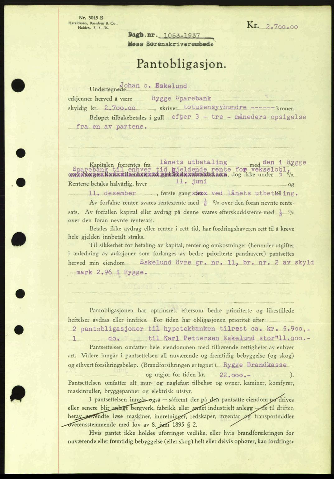 Moss sorenskriveri, SAO/A-10168: Pantebok nr. B3, 1937-1937, Dagboknr: 1053/1937