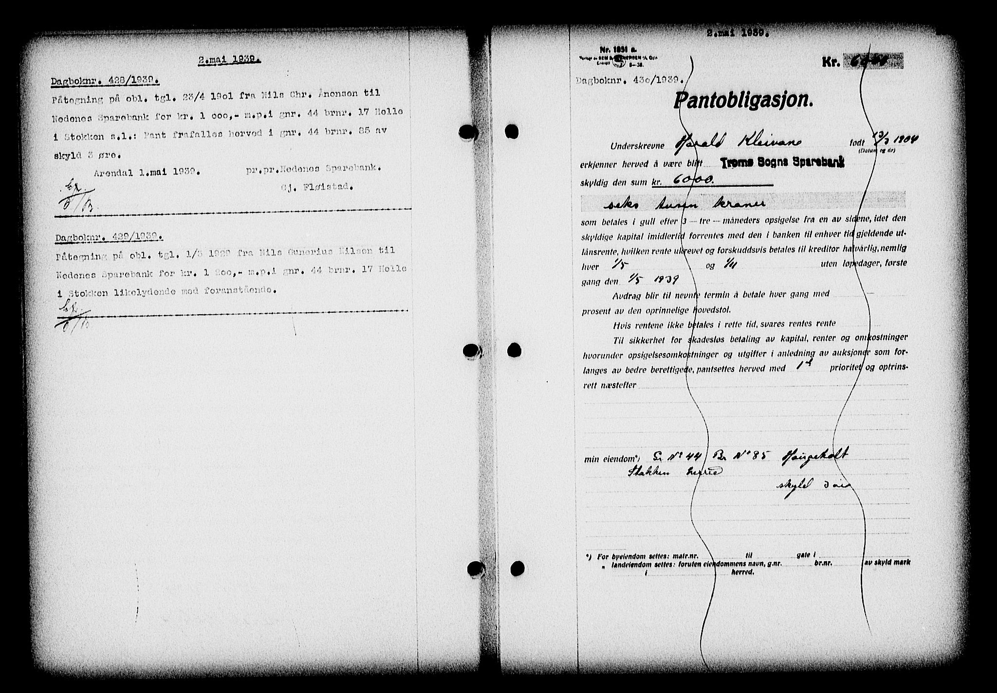 Nedenes sorenskriveri, SAK/1221-0006/G/Gb/Gba/L0046: Pantebok nr. 42, 1938-1939, Dagboknr: 430/1939