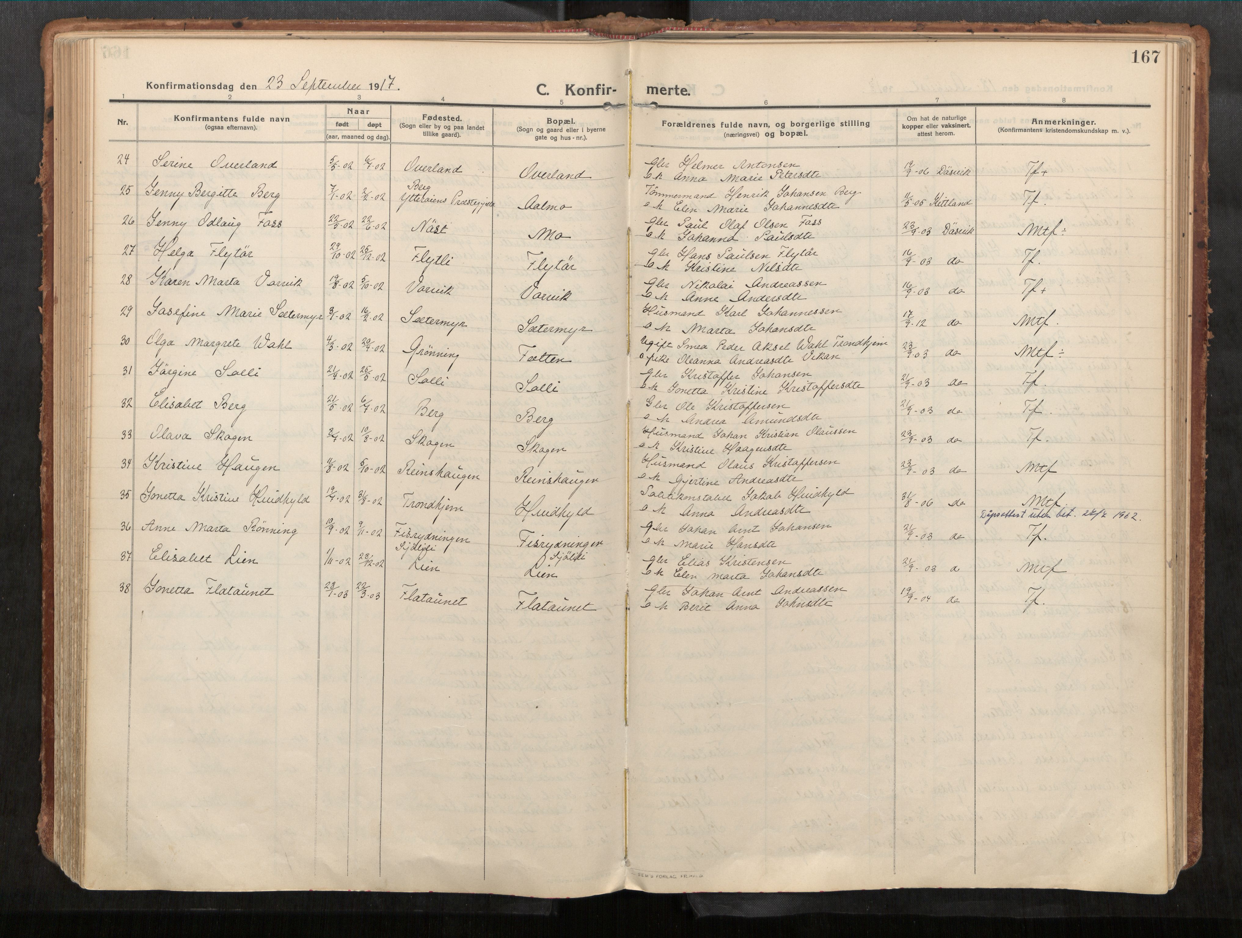 Stadsbygd sokneprestkontor, AV/SAT-A-1117/1/I/I1/I1a/L0001: Ministerialbok nr. 1, 1911-1929, s. 167