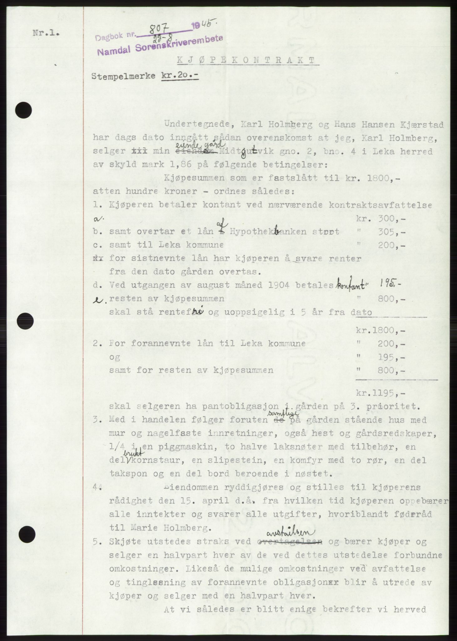 Namdal sorenskriveri, SAT/A-4133/1/2/2C: Pantebok nr. -, 1944-1945, Dagboknr: 807/1945