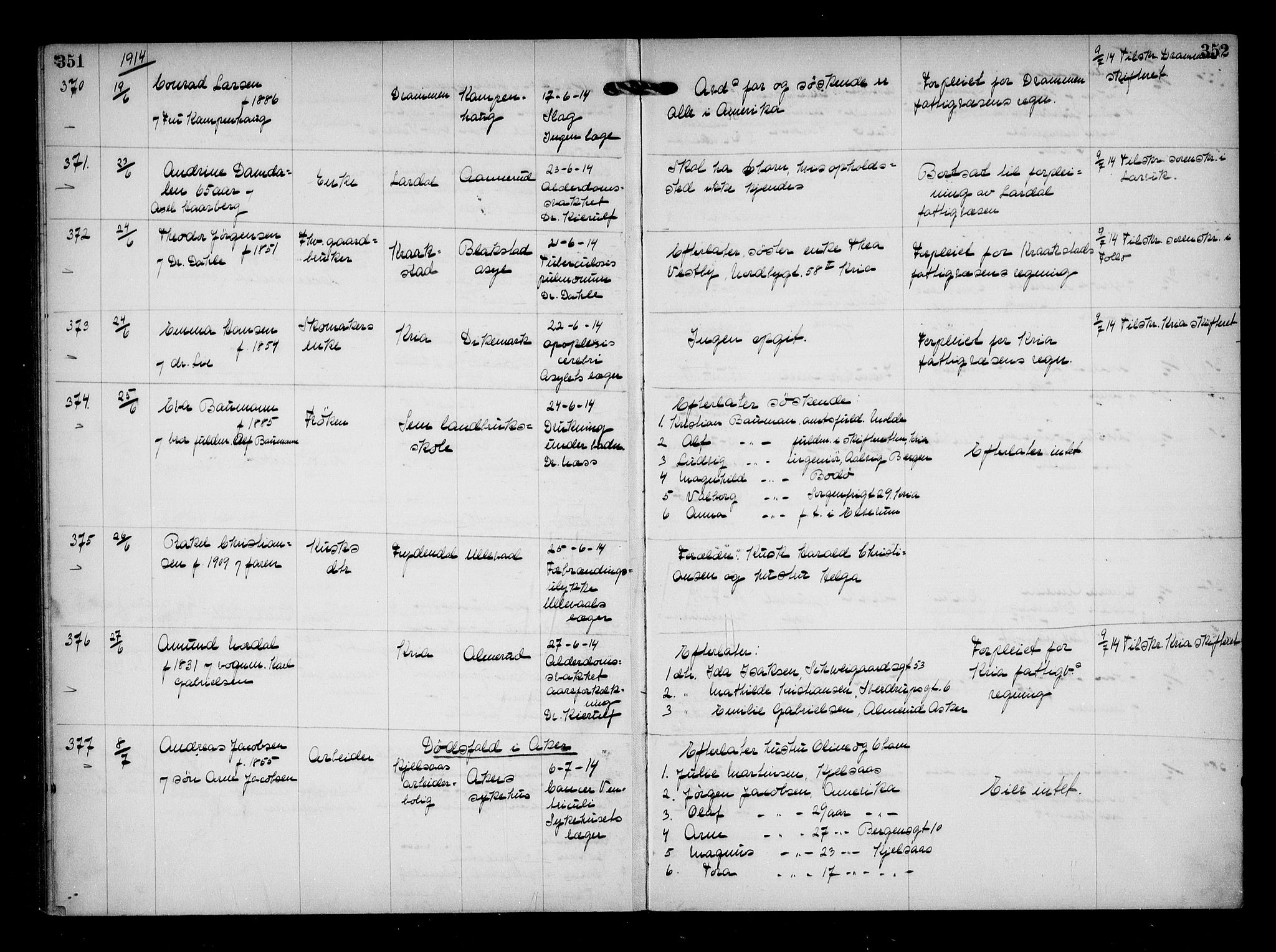 Aker kriminaldommer, skifte- og auksjonsforvalterembete, AV/SAO-A-10452/H/Hb/Hba/Hbaa/L0003: Dødsfallsprotokoll, 1912-1914, s. 351-352