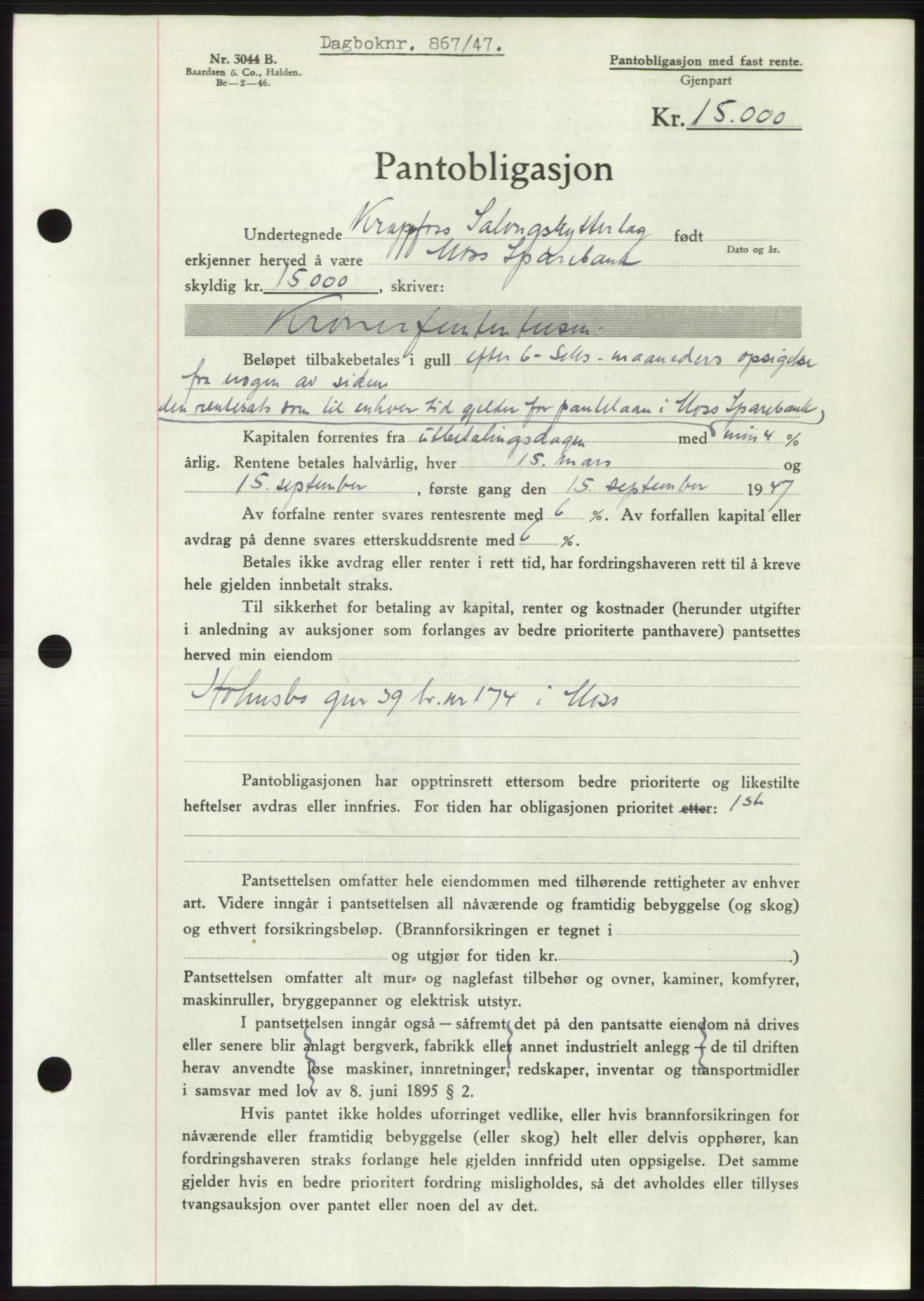 Moss sorenskriveri, SAO/A-10168: Pantebok nr. B17, 1947-1947, Dagboknr: 867/1947
