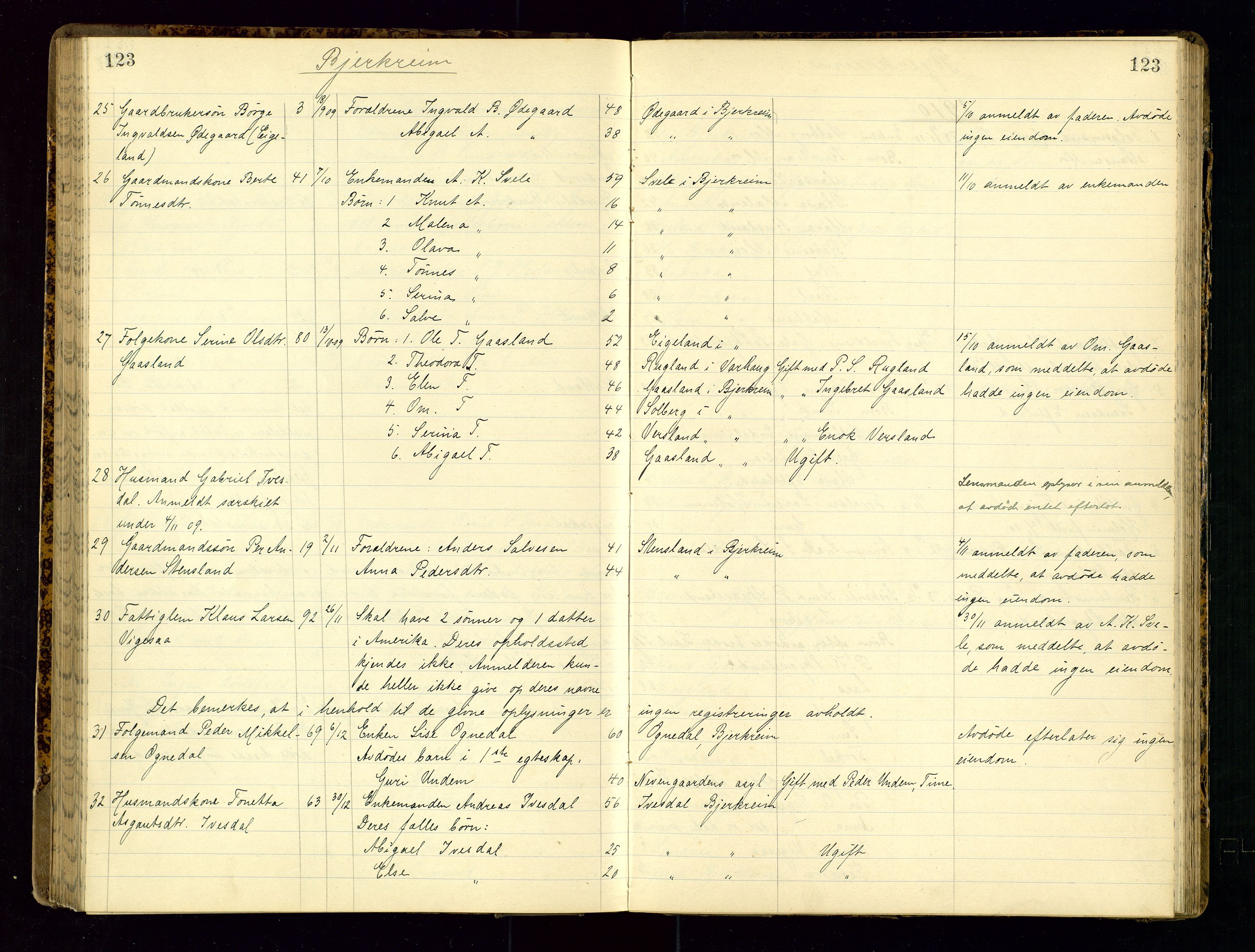 Dalane sorenskriveri, SAST/A-100309/001/5/52/L0001: DØDSFALLPROTOKOLL, 1904-1911, s. 123