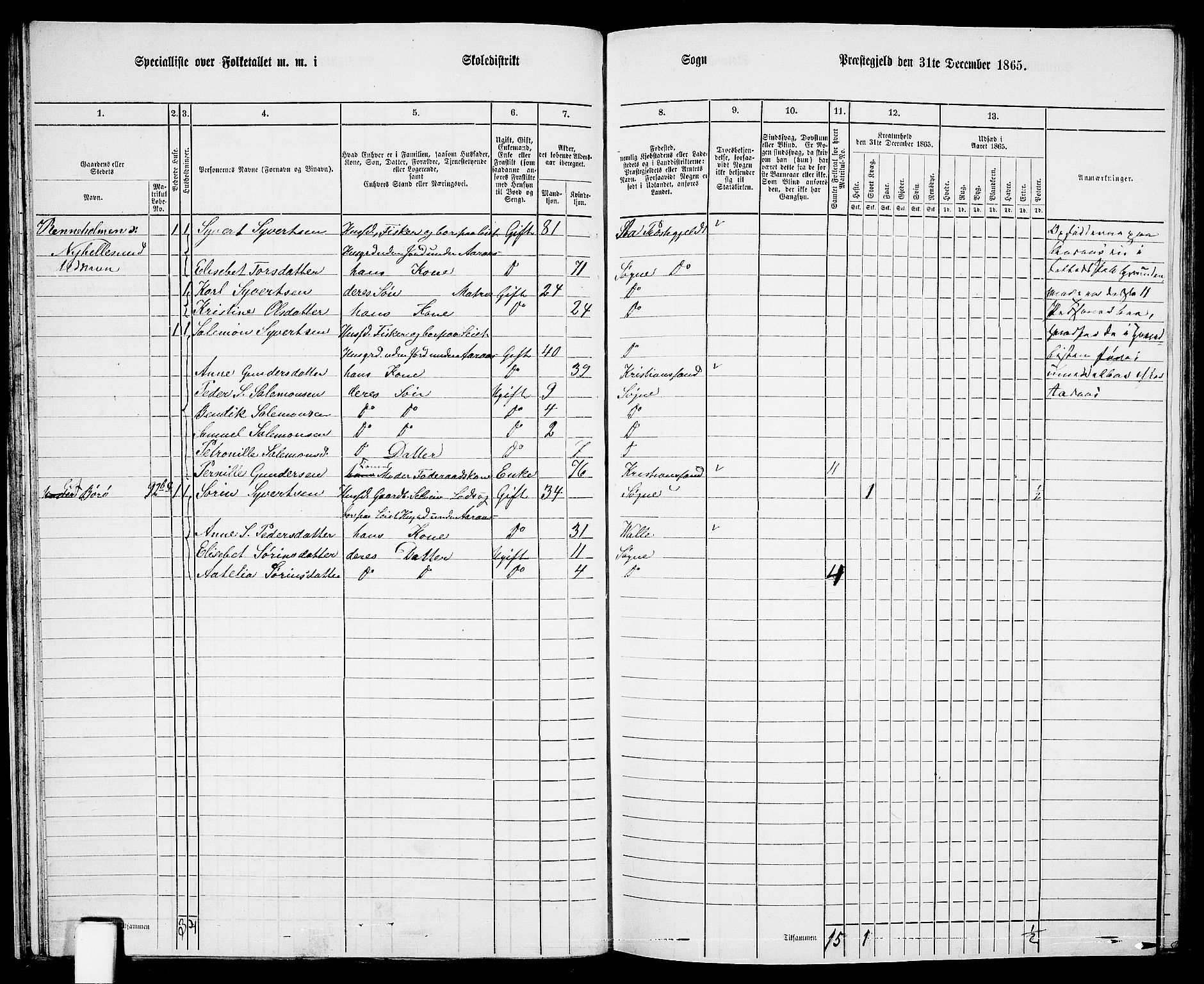 RA, Folketelling 1865 for 1018P Søgne prestegjeld, 1865, s. 44