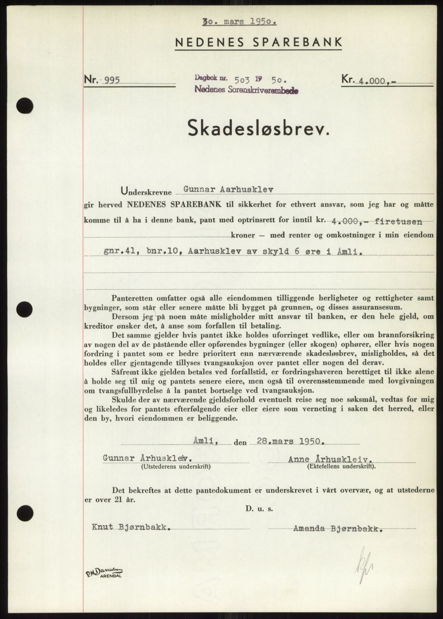 Nedenes sorenskriveri, SAK/1221-0006/G/Gb/Gbb/L0007: Pantebok nr. B7, 1949-1950, Dagboknr: 503/1950