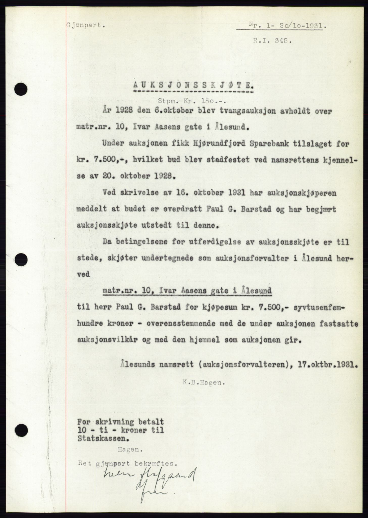 Ålesund byfogd, SAT/A-4384: Pantebok nr. 27, 1930-1931, Tingl.dato: 20.10.1931