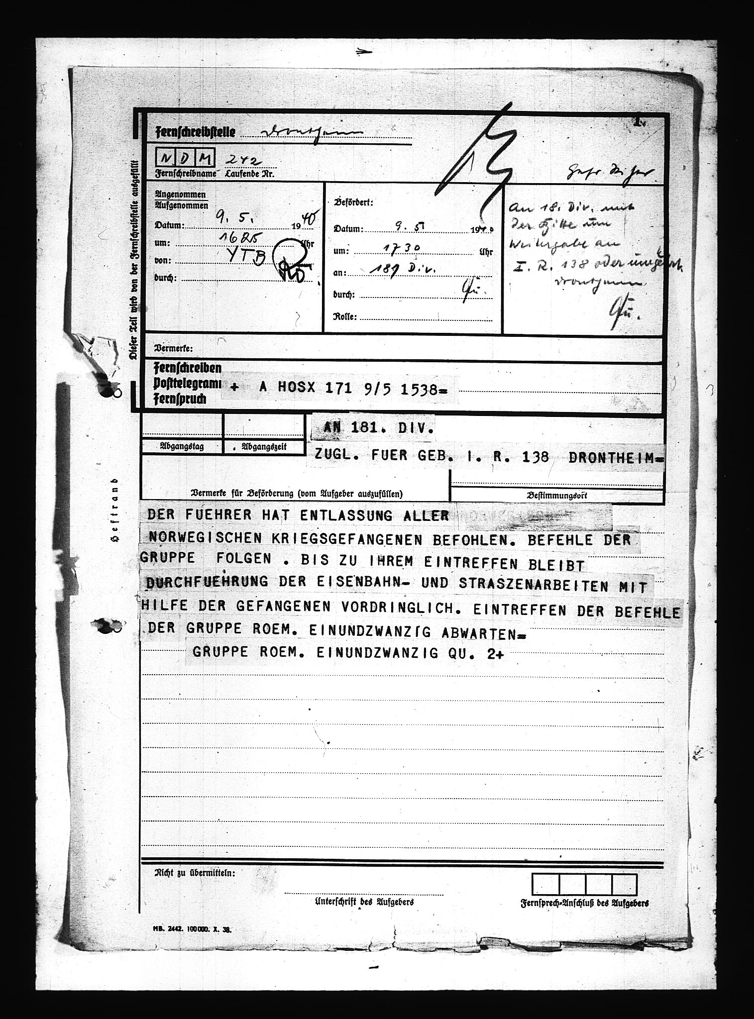 Documents Section, RA/RAFA-2200/V/L0080: Amerikansk mikrofilm "Captured German Documents".
Box No. 719.  FKA jnr. 619/1954., 1940, s. 151