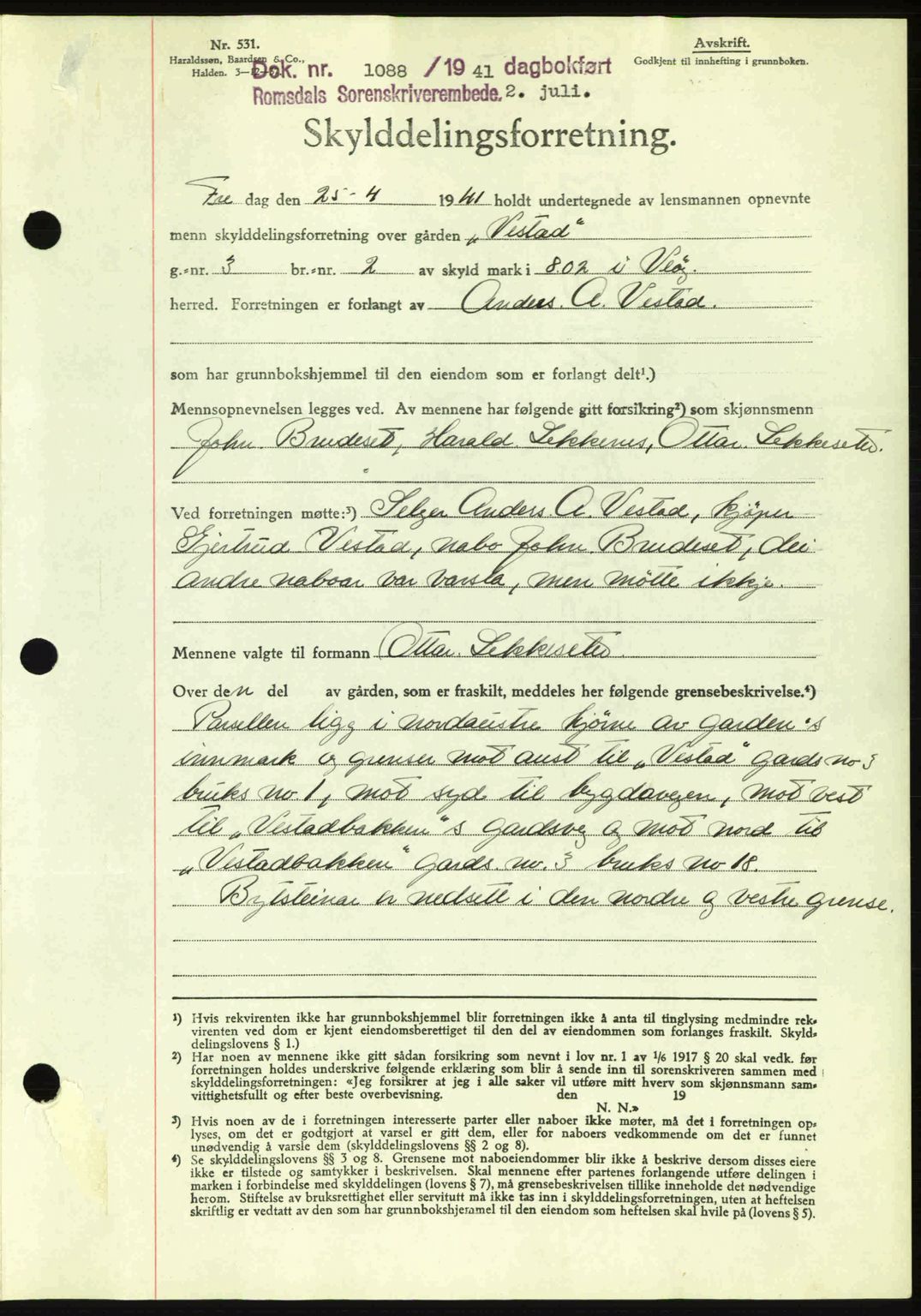 Romsdal sorenskriveri, AV/SAT-A-4149/1/2/2C: Pantebok nr. A10, 1941-1941, Dagboknr: 1088/1941