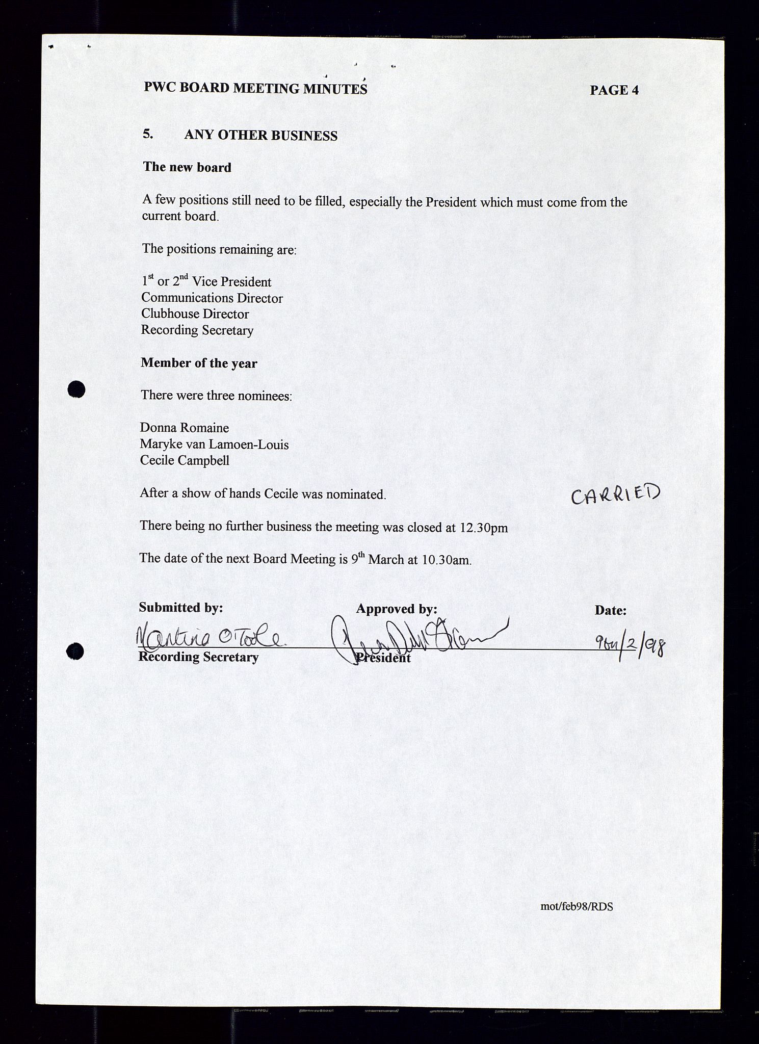 PA 1547 - Petroleum Wives Club, AV/SAST-A-101974/A/Aa/L0003: Board and General Meeting, 1994-1998