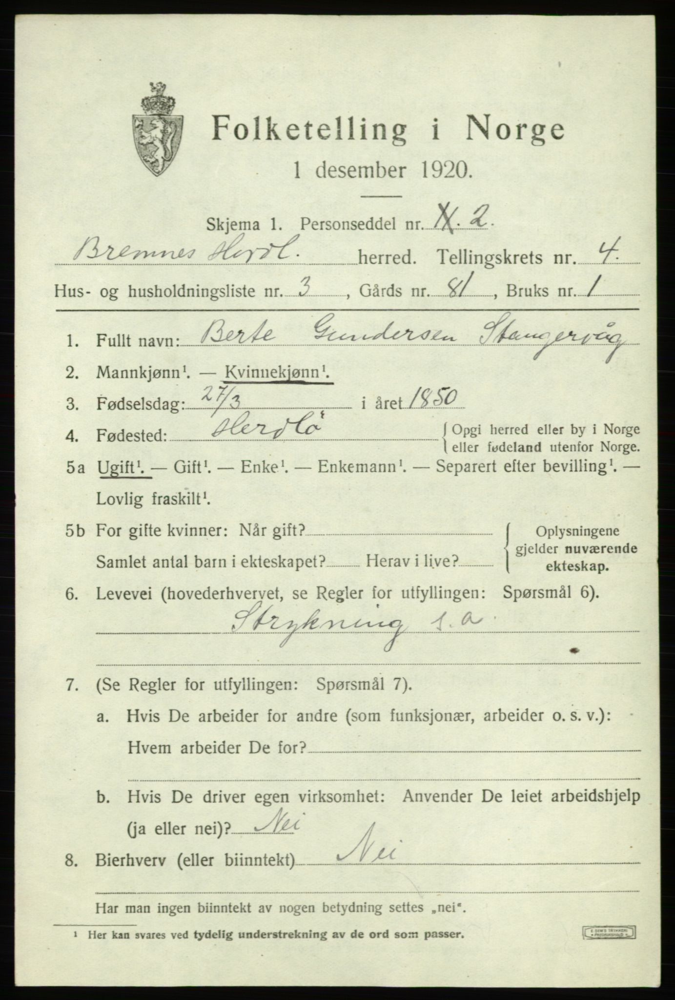 SAB, Folketelling 1920 for 1220 Bremnes herred, 1920, s. 1826