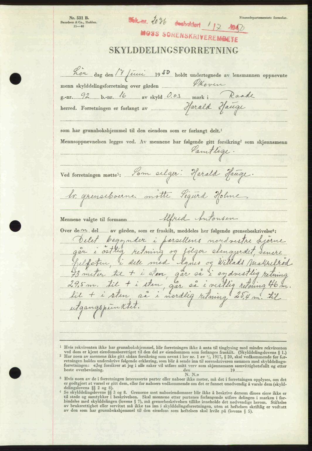 Moss sorenskriveri, SAO/A-10168: Pantebok nr. A26, 1950-1950, Dagboknr: 2036/1950