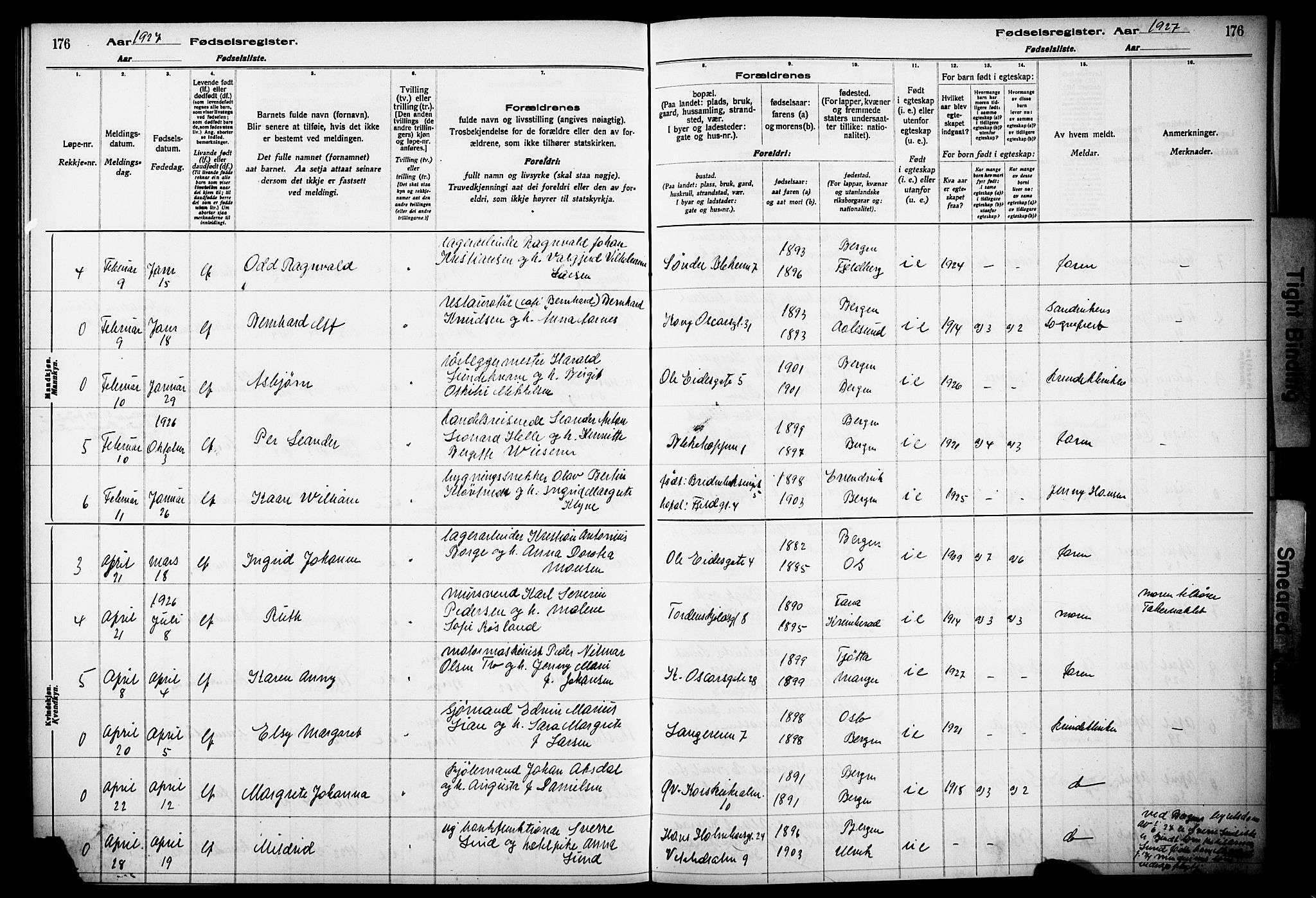 Korskirken sokneprestembete, SAB/A-76101/I/Id/L00A1: Fødselsregister nr. A 1, 1916-1929, s. 176