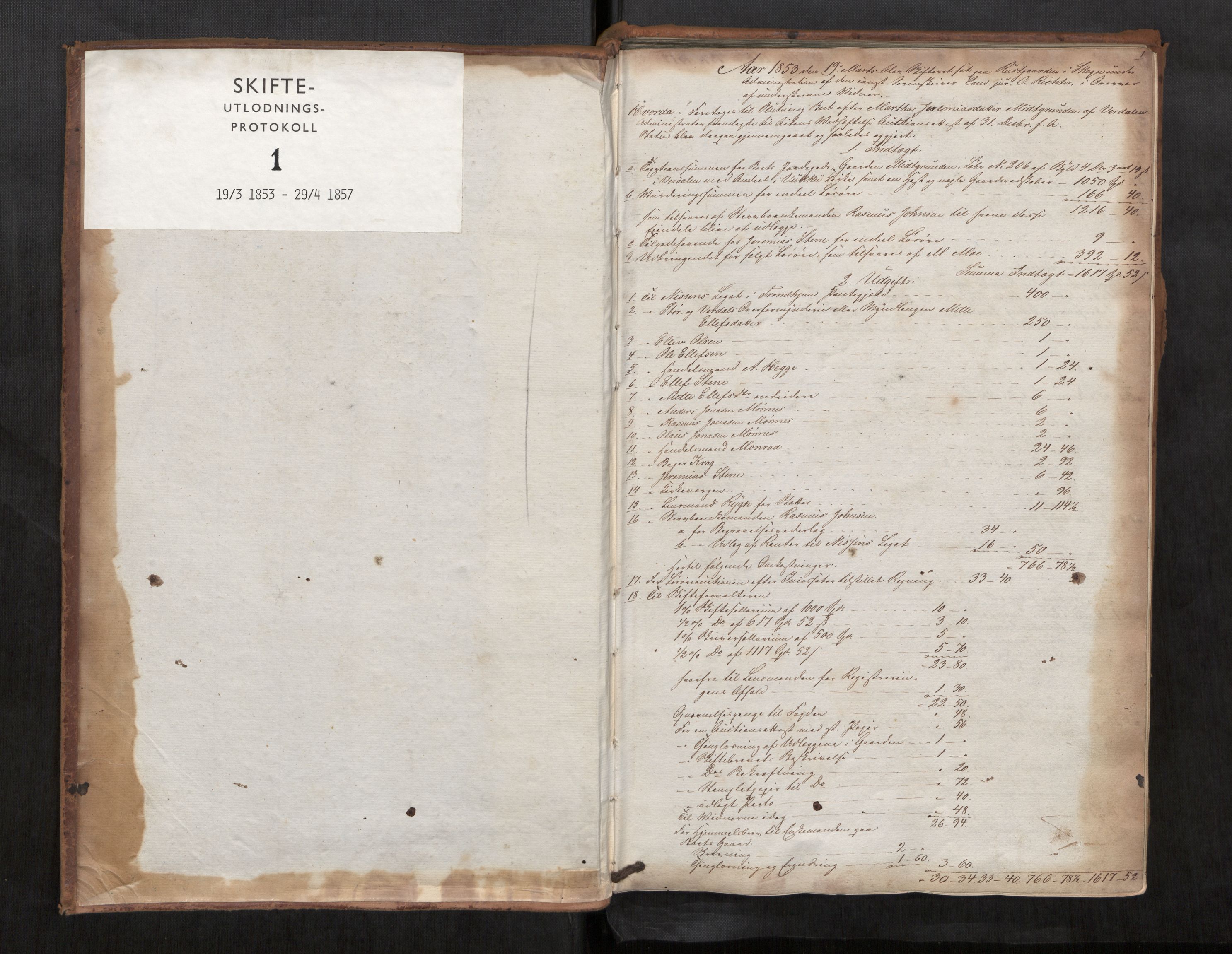 Stjør- og Verdal sorenskriveri, AV/SAT-A-4167/1/3/3A/L0040: Skifteslutningsprotokoll, 1853-1857, s. 1