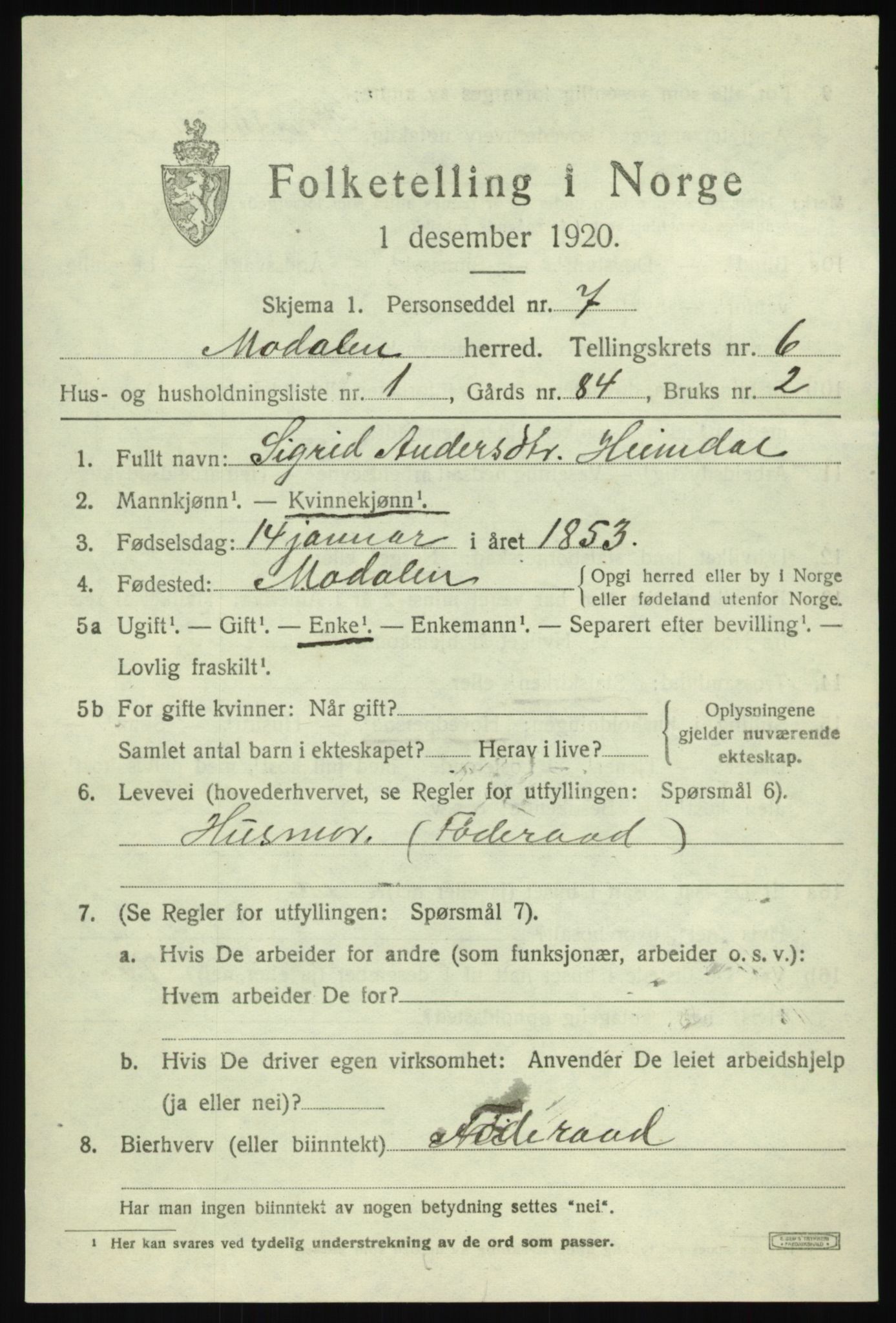 SAB, Folketelling 1920 for 1252 Modalen herred, 1920, s. 1136