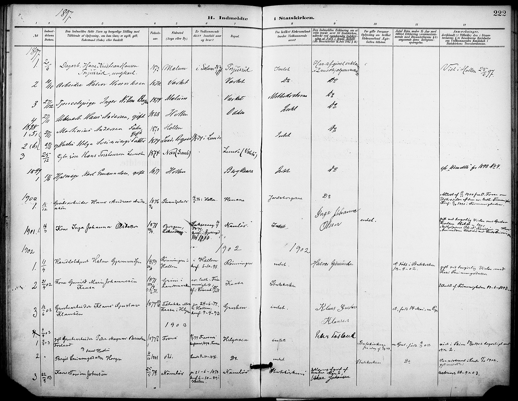 Holla kirkebøker, AV/SAKO-A-272/F/Fa/L0010: Ministerialbok nr. 10, 1897-1907, s. 222