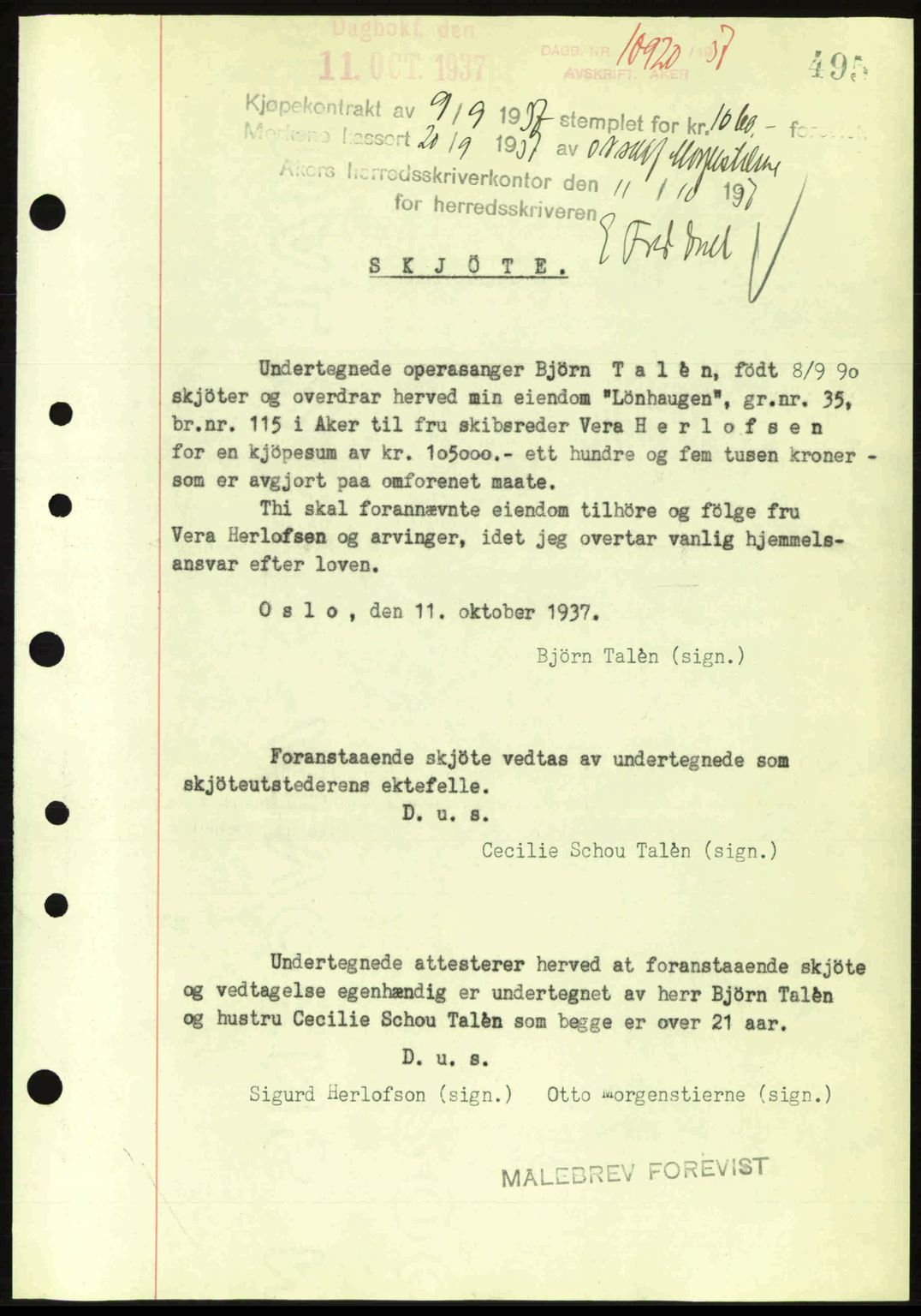 Aker herredsskriveri, SAO/A-10896/G/Gb/Gba/Gbab/L0017: Pantebok nr. A148, 1937-1937, Dagboknr: 10920/1937