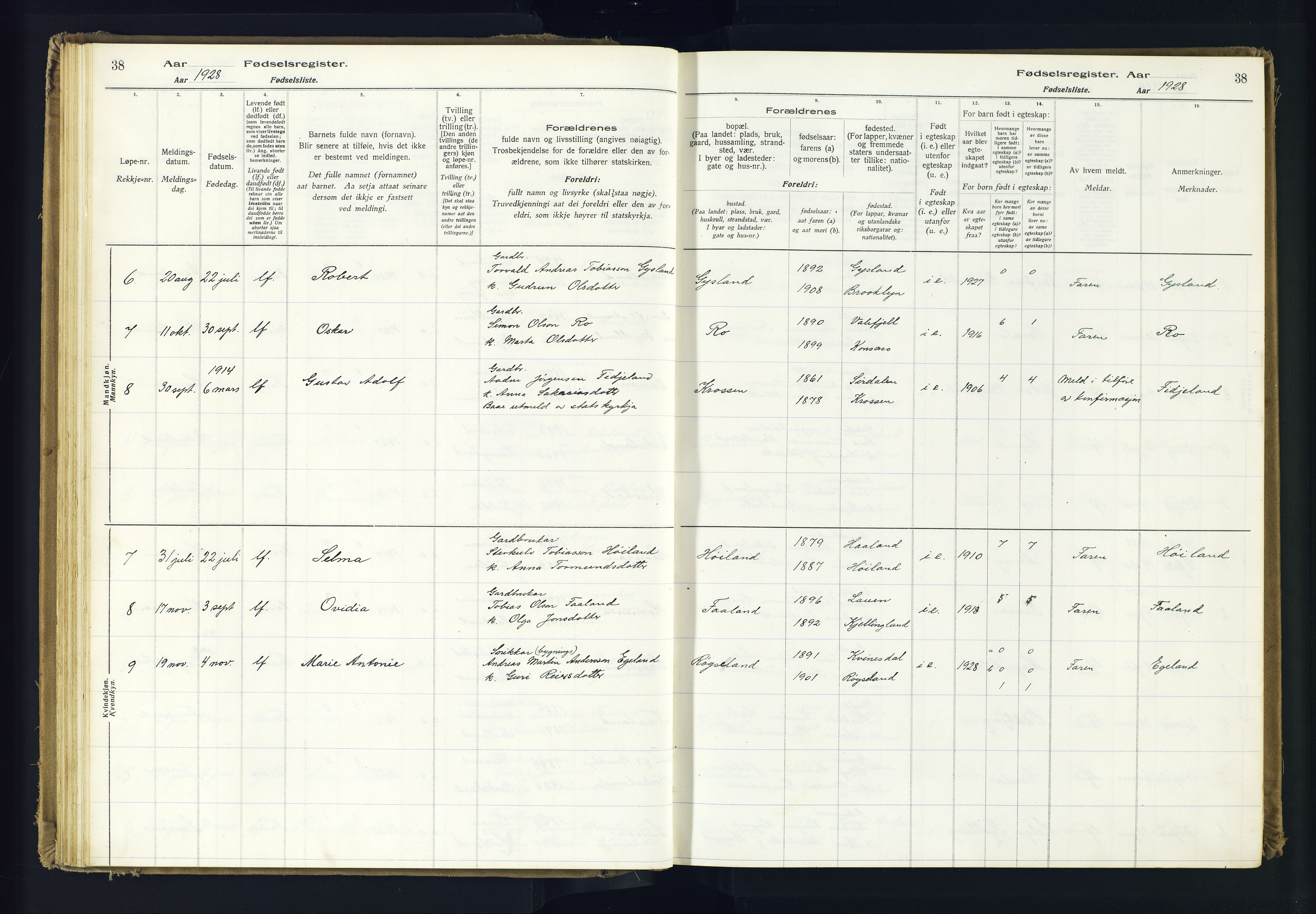 Hægebostad sokneprestkontor, SAK/1111-0024/J/Ja/L0001: Fødselsregister nr. II.6.7, 1916-1982, s. 38