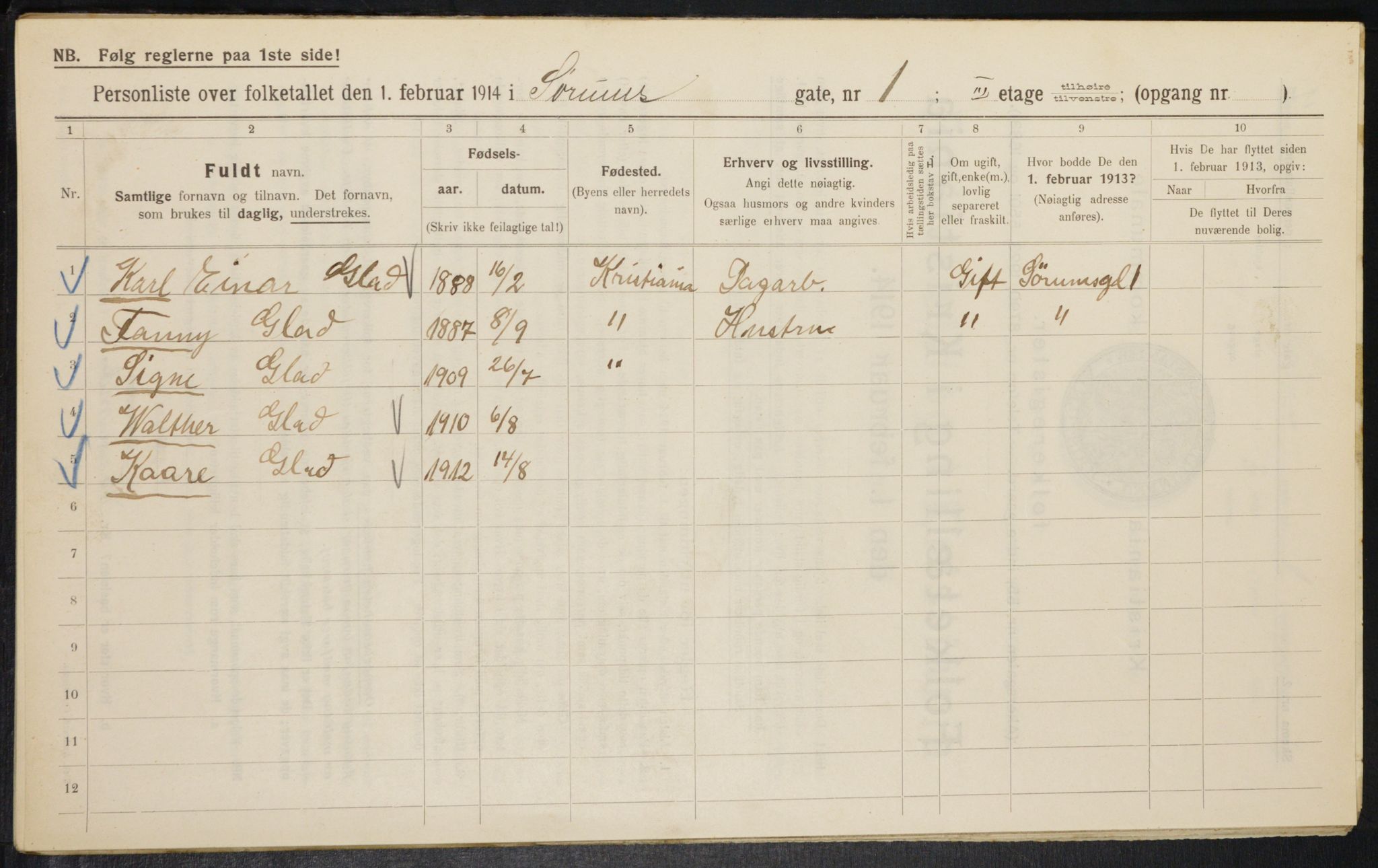 OBA, Kommunal folketelling 1.2.1914 for Kristiania, 1914, s. 107604