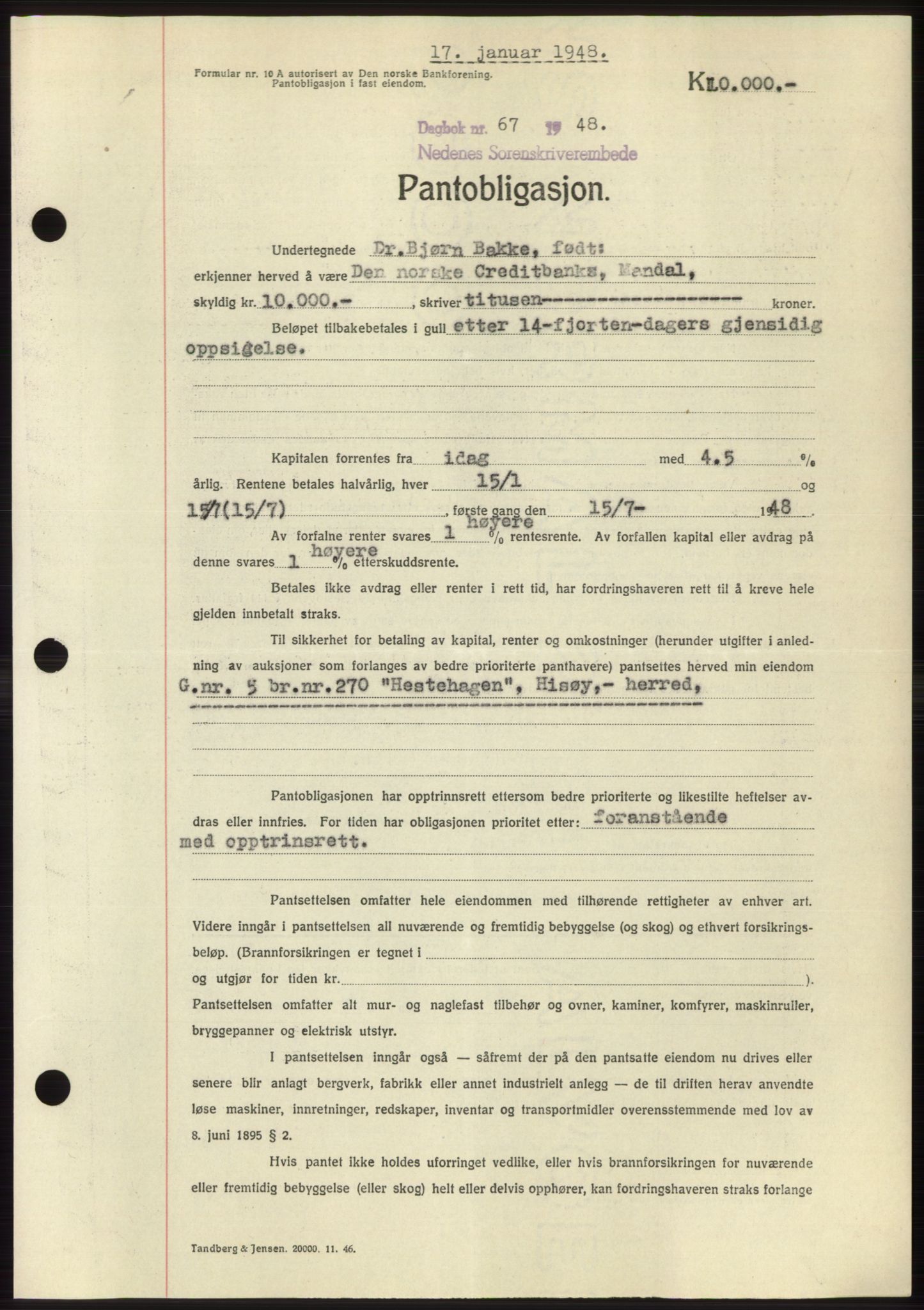 Nedenes sorenskriveri, AV/SAK-1221-0006/G/Gb/Gbb/L0005: Pantebok nr. B5, 1948-1948, Dagboknr: 67/1948