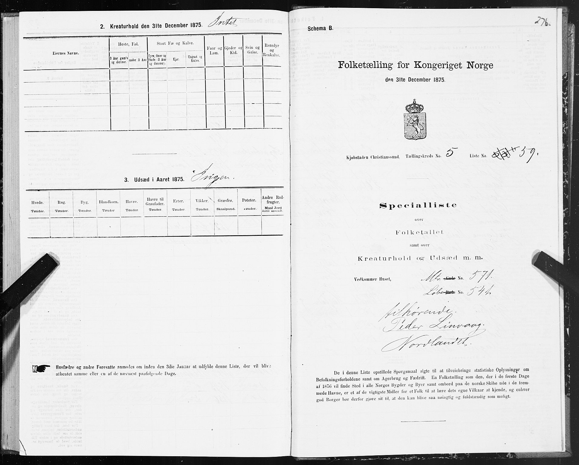 SAT, Folketelling 1875 for 1503B Kristiansund prestegjeld, Kristiansund kjøpstad, 1875, s. 4276
