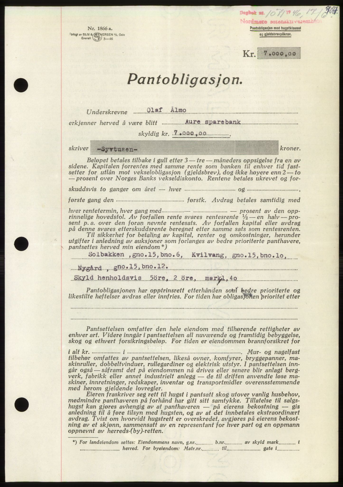 Nordmøre sorenskriveri, SAT/A-4132/1/2/2Ca: Pantebok nr. B94, 1946-1946, Dagboknr: 1071/1946