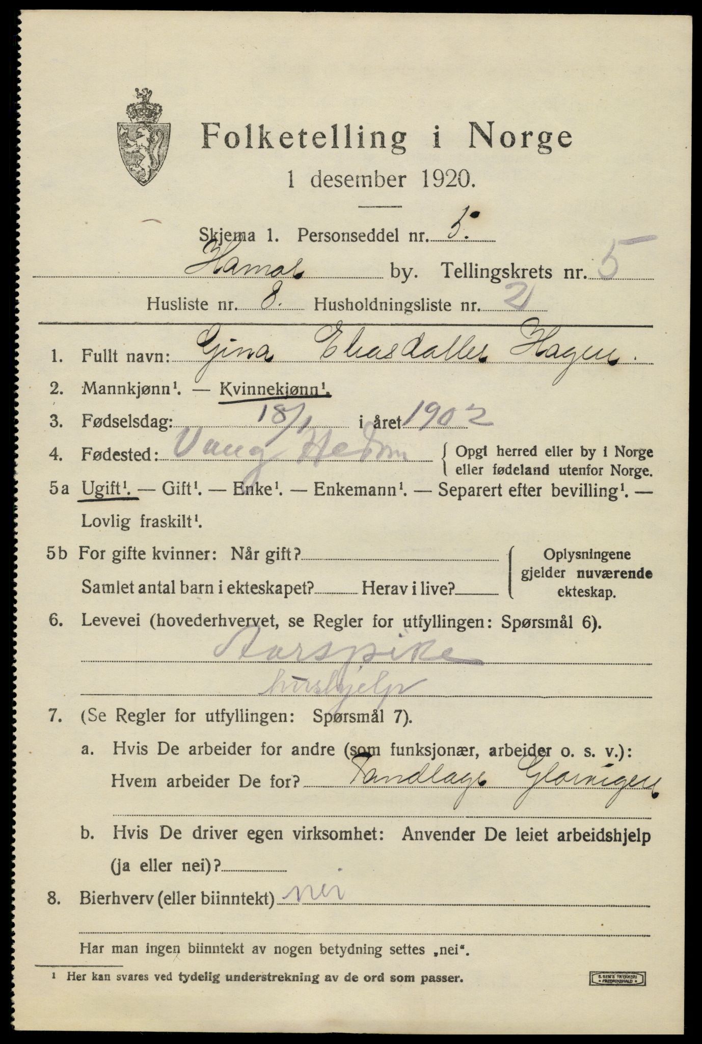 SAH, Folketelling 1920 for 0401 Hamar kjøpstad, 1920, s. 9581
