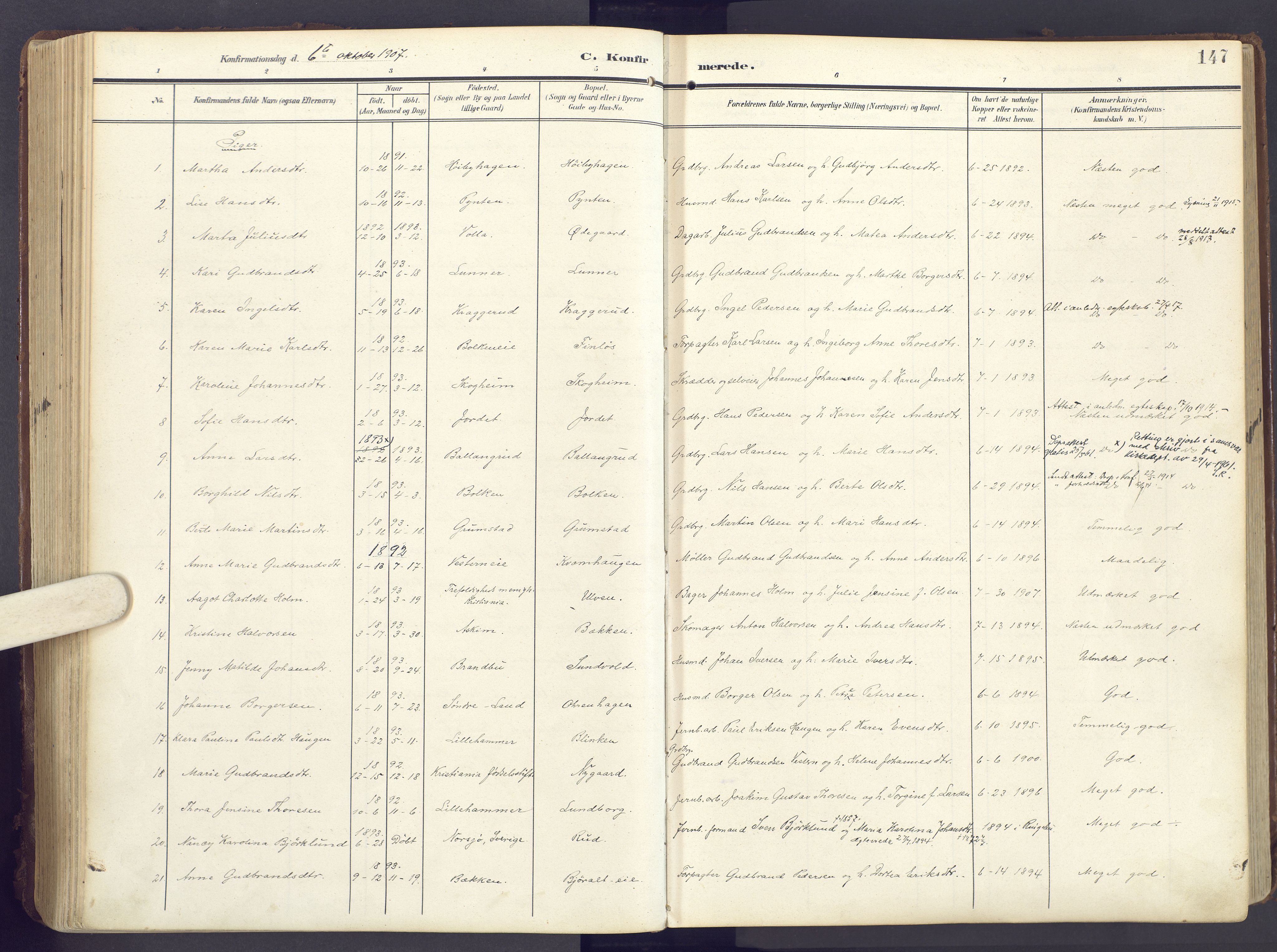 Lunner prestekontor, AV/SAH-PREST-118/H/Ha/Haa/L0001: Ministerialbok nr. 1, 1907-1922, s. 147