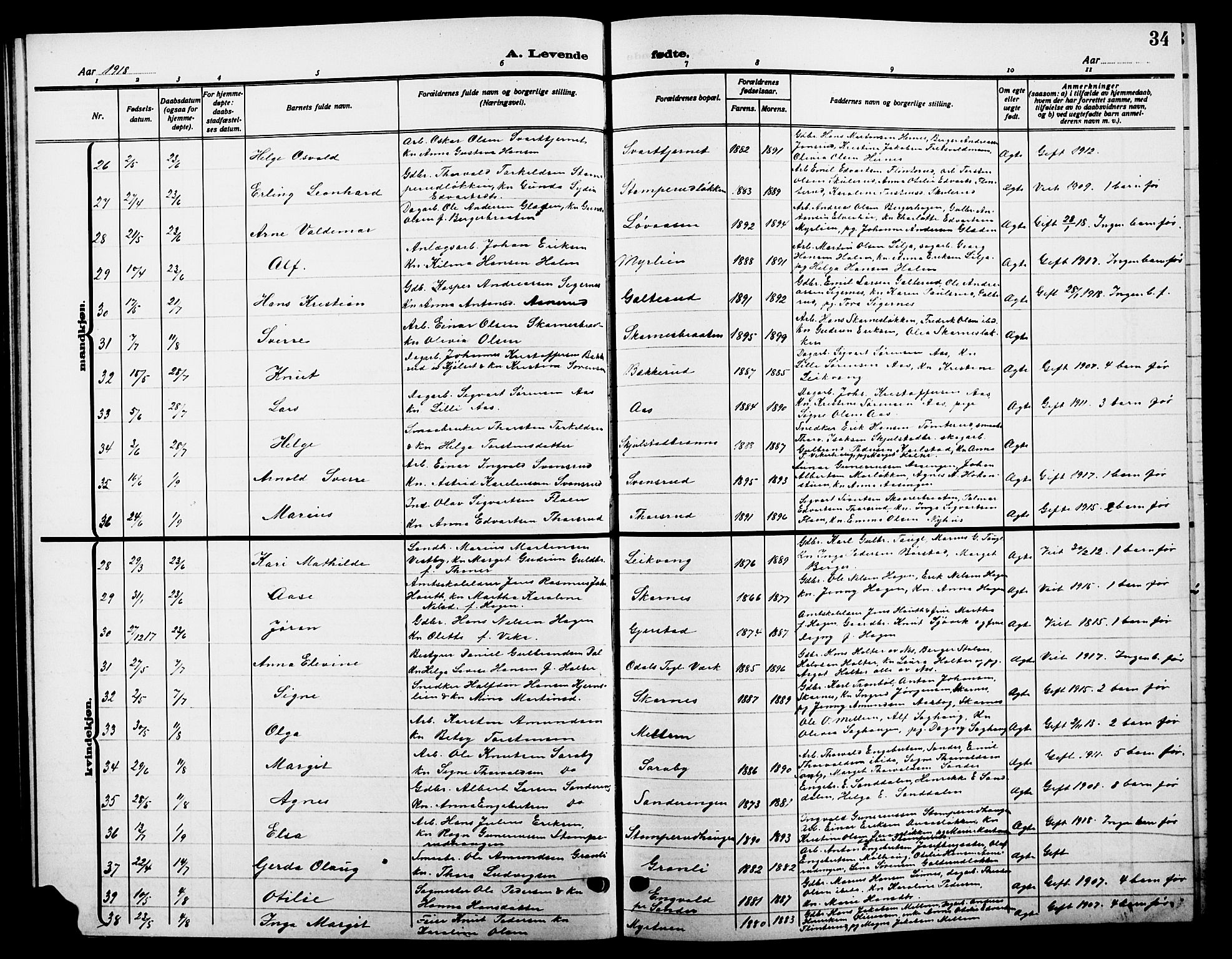 Sør-Odal prestekontor, AV/SAH-PREST-030/H/Ha/Hab/L0008: Klokkerbok nr. 8, 1913-1923, s. 34