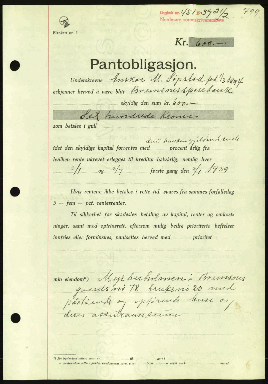 Nordmøre sorenskriveri, SAT/A-4132/1/2/2Ca: Pantebok nr. B84, 1938-1939, Dagboknr: 451/1939