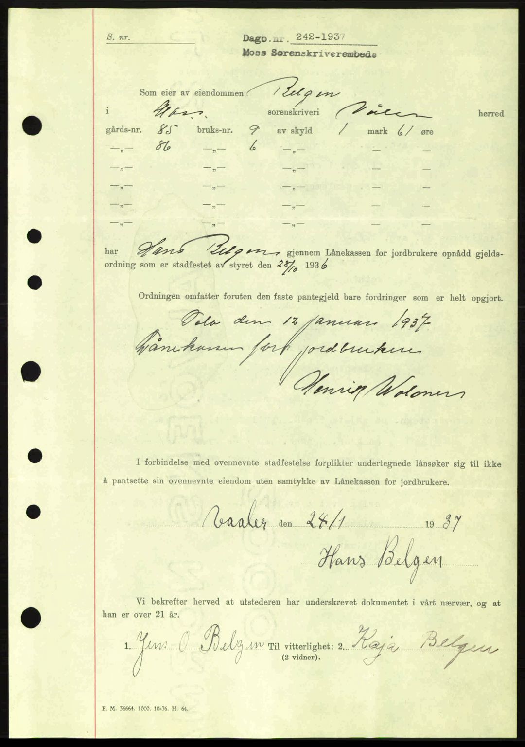 Moss sorenskriveri, SAO/A-10168: Pantebok nr. B3, 1937-1937, Dagboknr: 242/1937