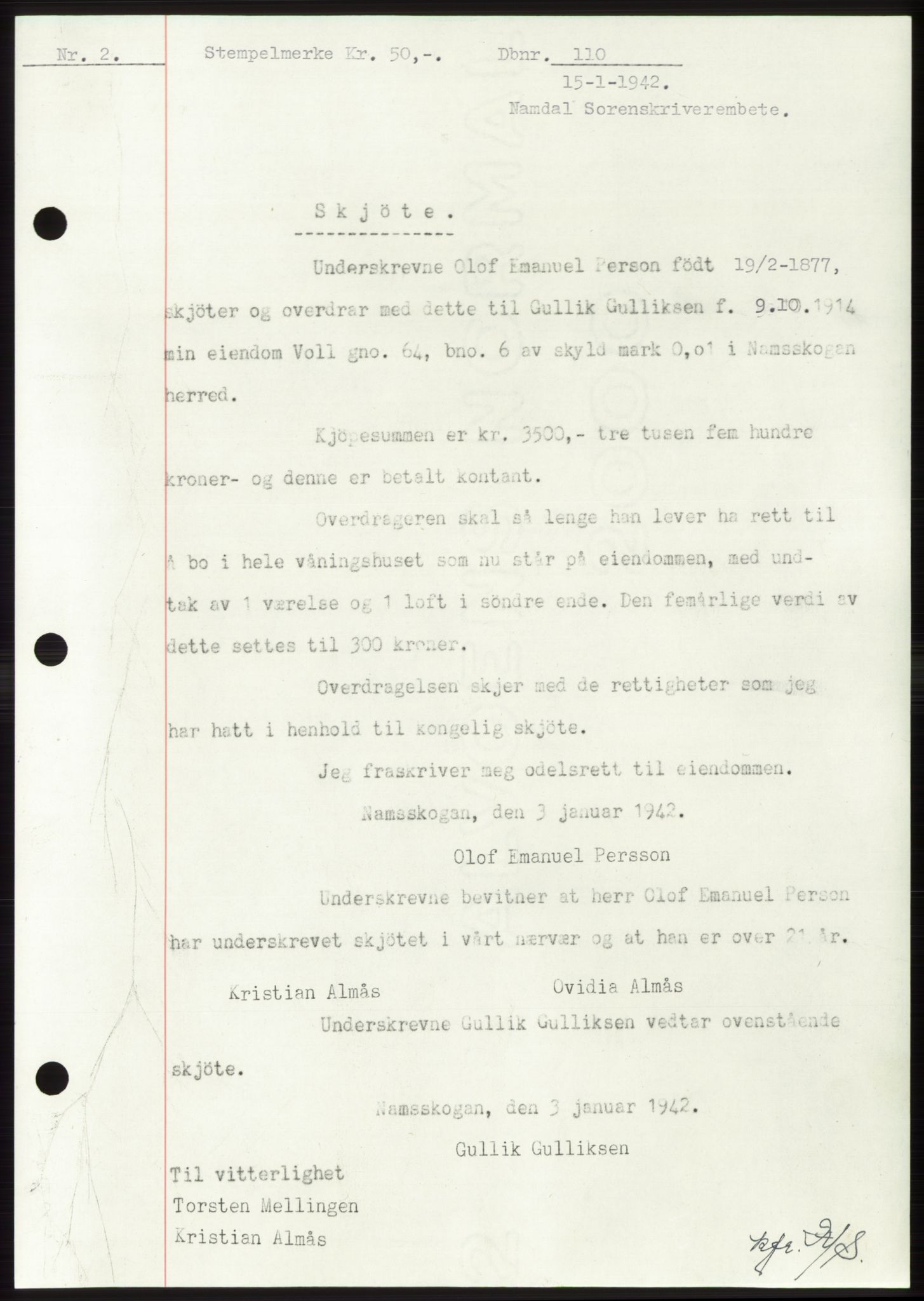 Namdal sorenskriveri, SAT/A-4133/1/2/2C: Pantebok nr. -, 1941-1942, Dagboknr: 110/1942