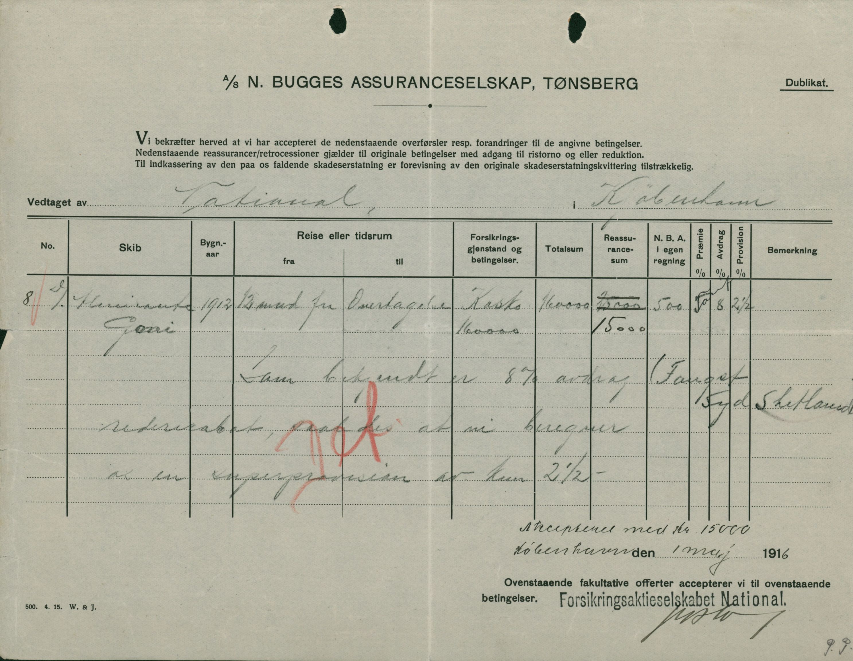 Pa 664 - Tønsberg Sjøforsikringsselskap, VEMU/A-1773/F/L0001: Forsikringspoliser, 1915-1918