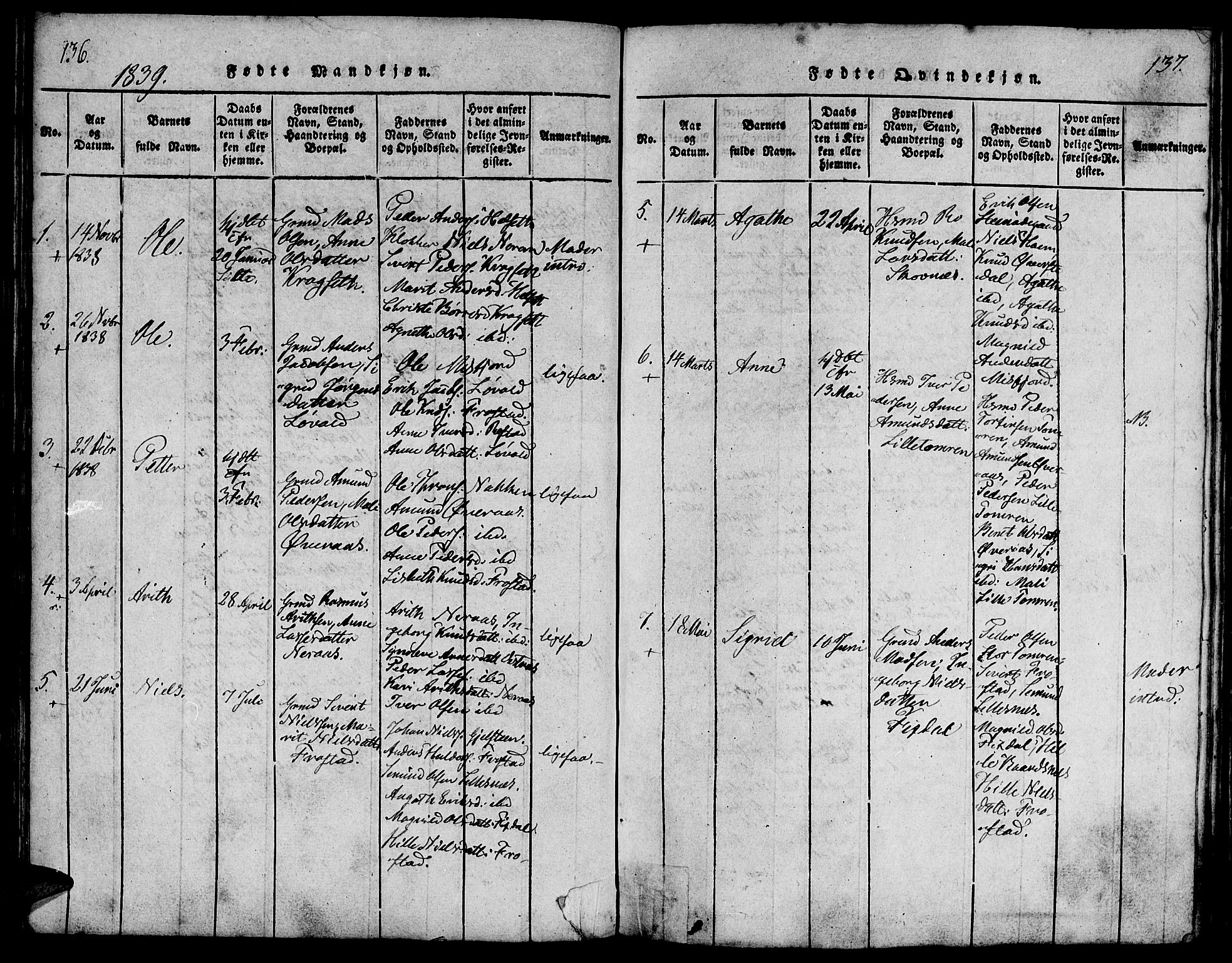 Ministerialprotokoller, klokkerbøker og fødselsregistre - Møre og Romsdal, AV/SAT-A-1454/539/L0528: Ministerialbok nr. 539A01, 1818-1847, s. 136-137